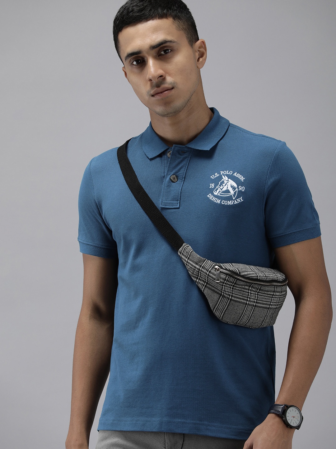 

U.S. Polo Assn. Denim Co. Brand Logo Embroidered Polo Collar Pure Cotton T-shirt, Blue