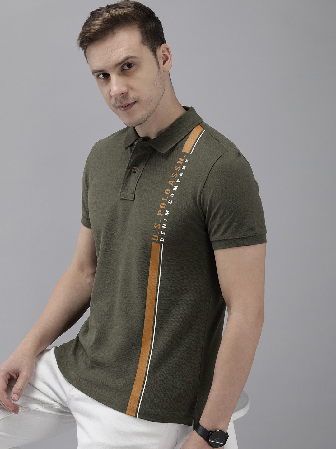 

U.S. Polo Assn. Denim Co. Brand Logo Printed Polo Collar Pure Cotton T-shirt, Olive