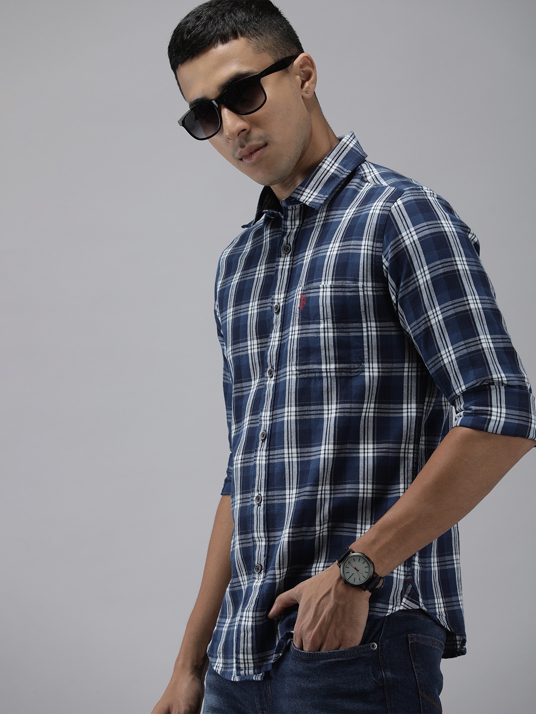 

U.S. Polo Assn. Denim Co. Pure Cotton Checked Casual Shirt, Navy blue