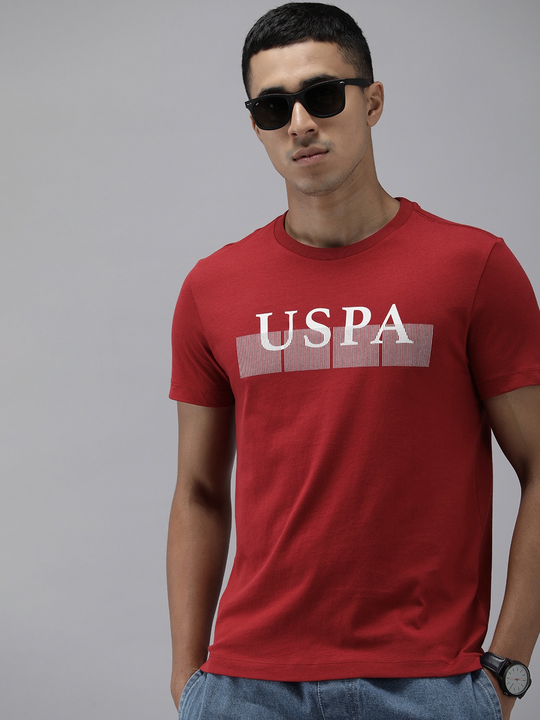 

U.S. Polo Assn. Denim Co. Brand Logo Graphic Printed Pure Cotton T-shirt, Maroon