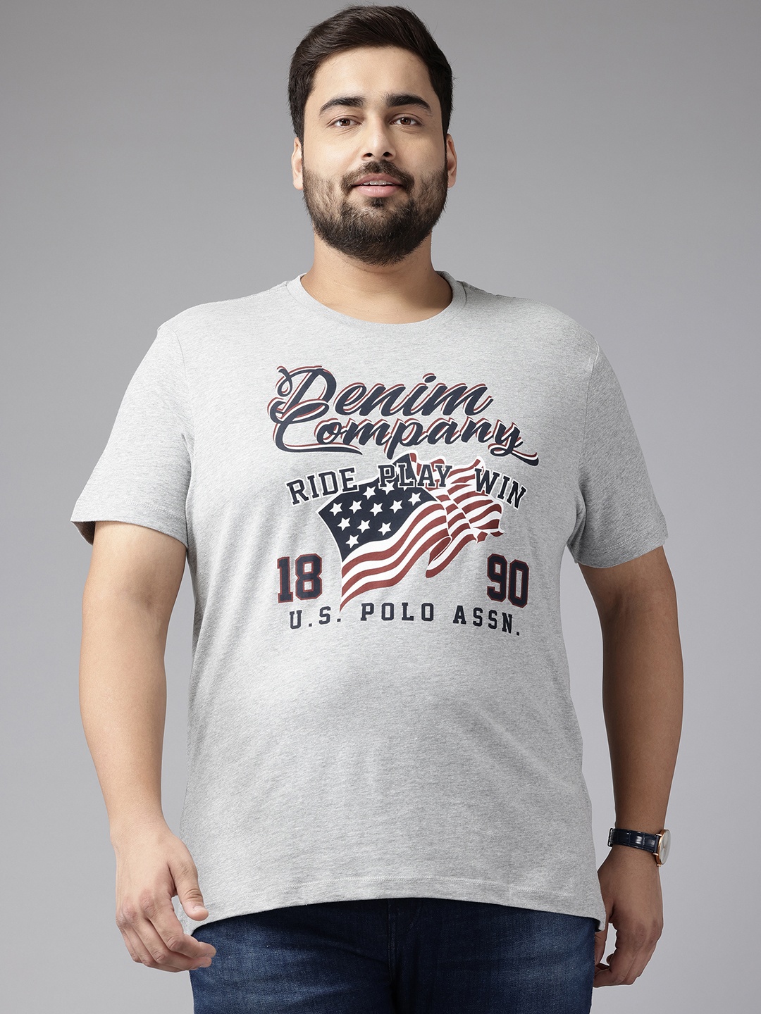 

U.S. Polo Assn. Denim Co. Plus Size Typography Printed T-shirt, Grey melange