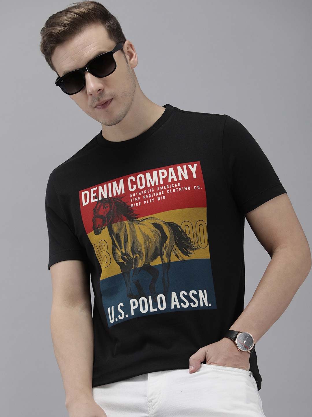 

U.S. Polo Assn. Denim Co. Graphic Printed Pure Cotton T-shirt, Black
