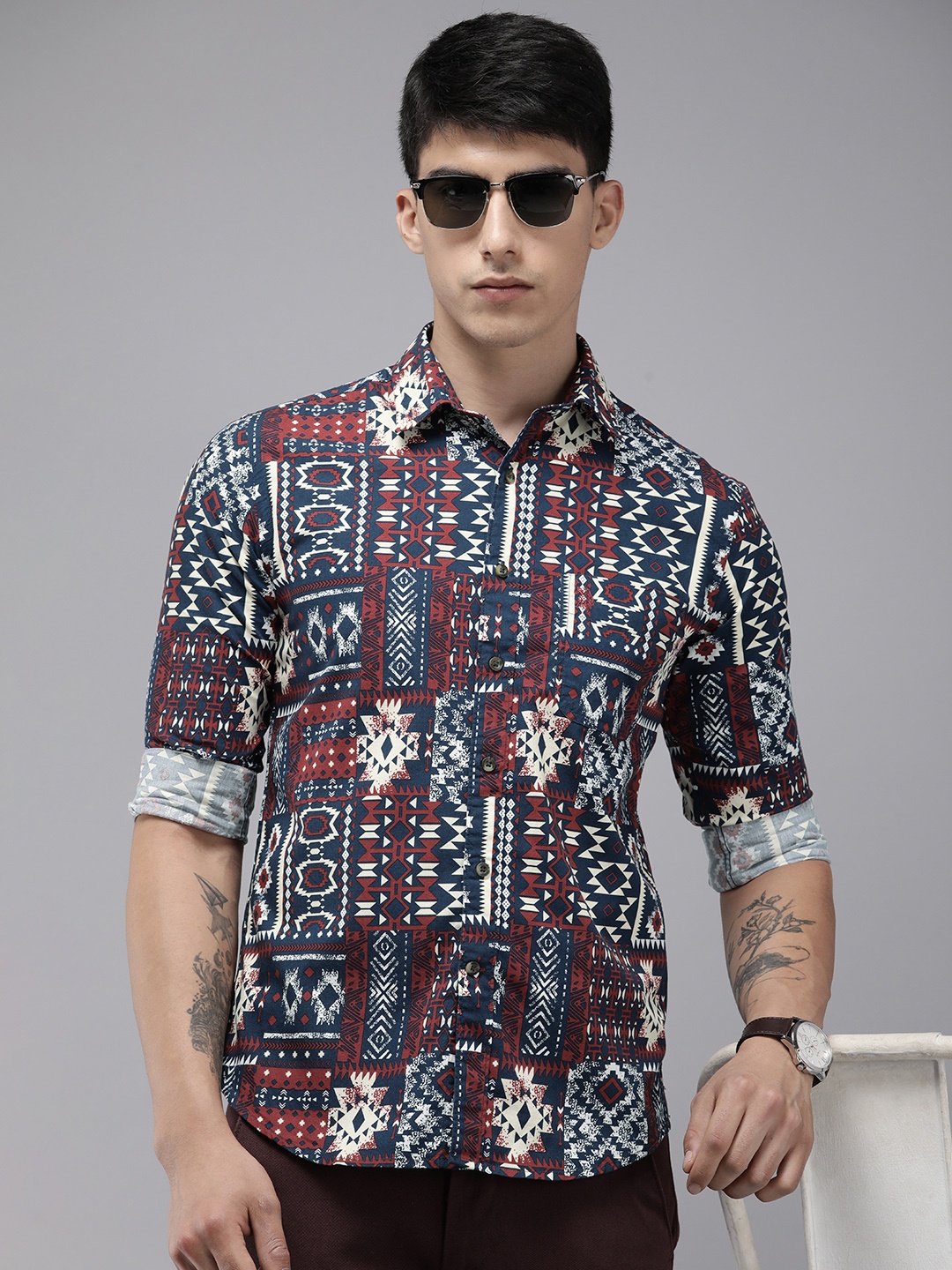 

U.S. Polo Assn. Denim Co. Ethnic Motifs Printed Pure Cotton Casual Shirt, Navy blue