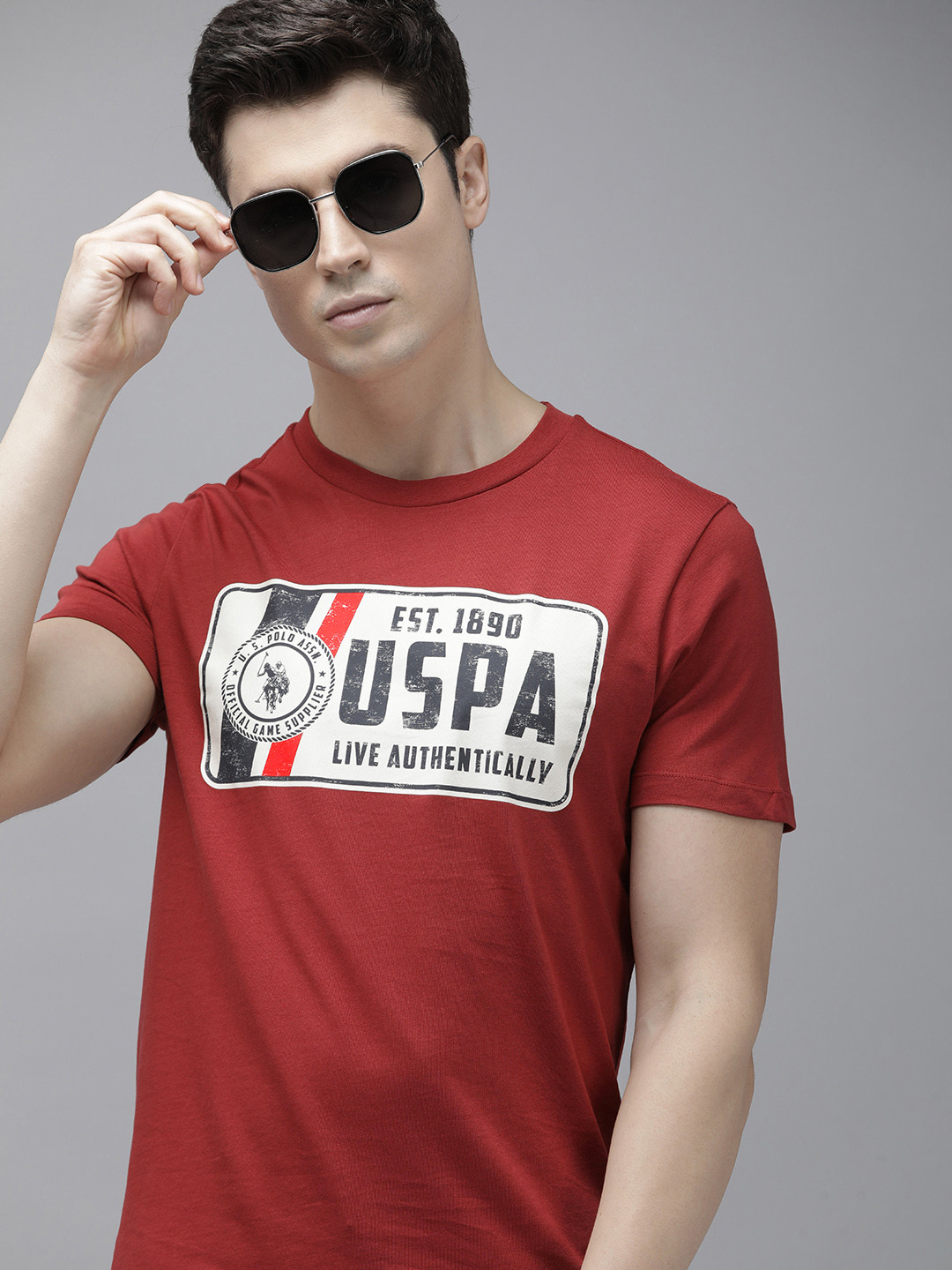 

U.S. Polo Assn. Denim Co. Brand Logo Graphic Printed Pure Cotton T-shirt, Red