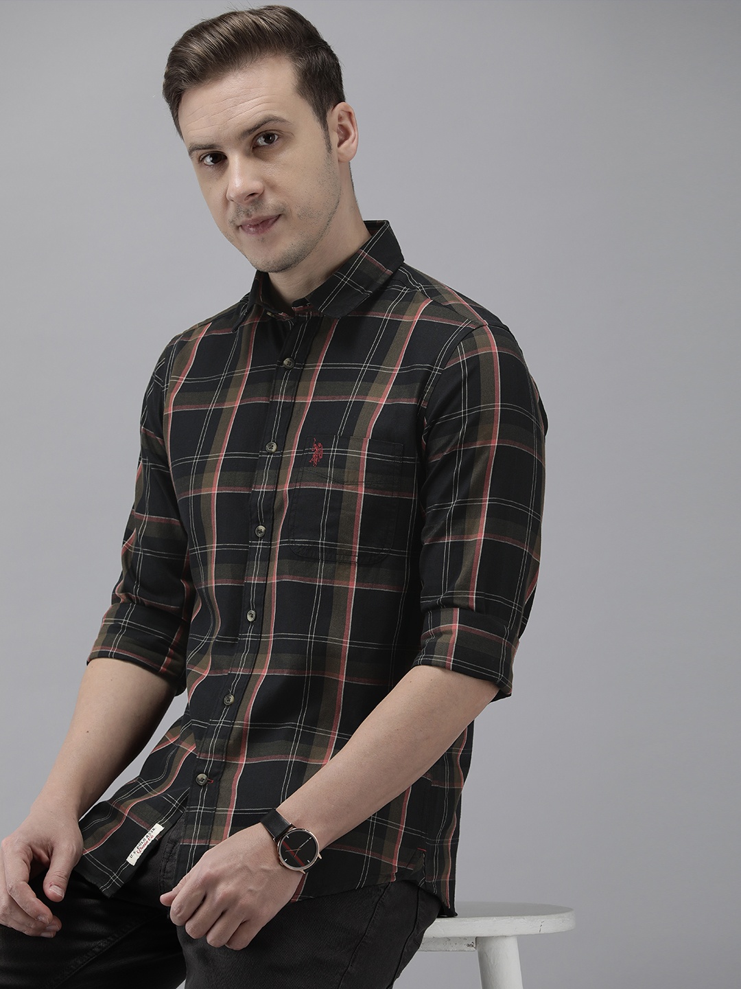 

U.S. Polo Assn. Denim Co. Pure Cotton Checked Casual Shirt, Navy blue
