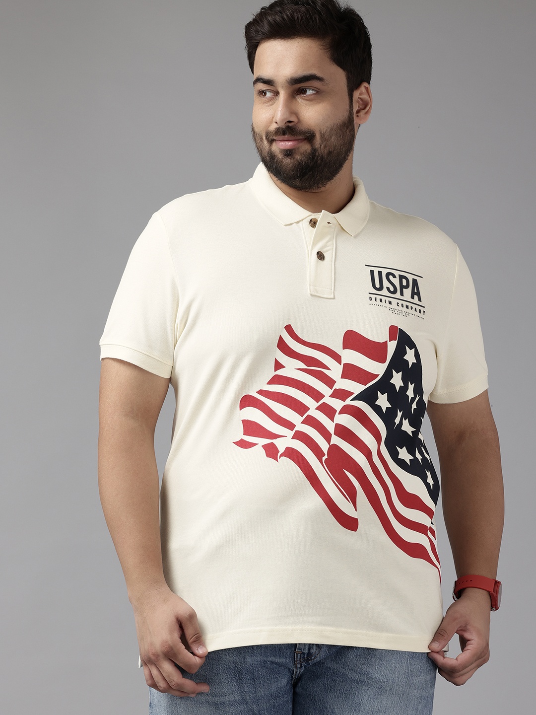 

U.S. Polo Assn. Denim Co. Plus Size Printed Polo Collar Pure Cotton T-shirt, Off white