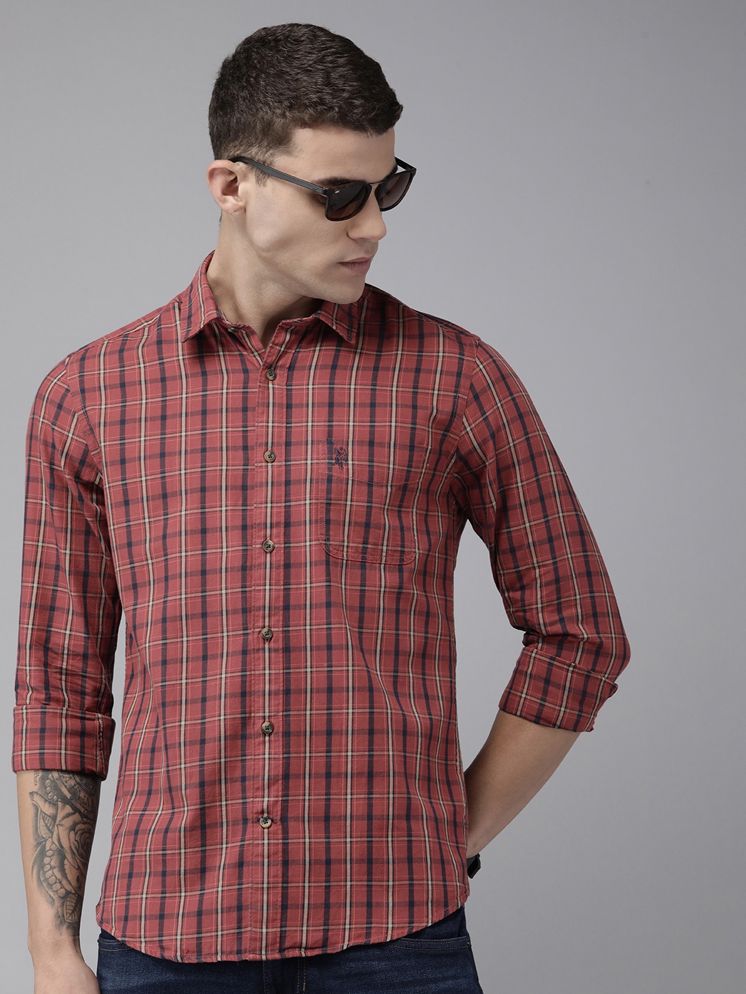 

U.S. Polo Assn. Denim Co. Pure Cotton Slim Fit Tartan Checked Casual Shirt, Rust