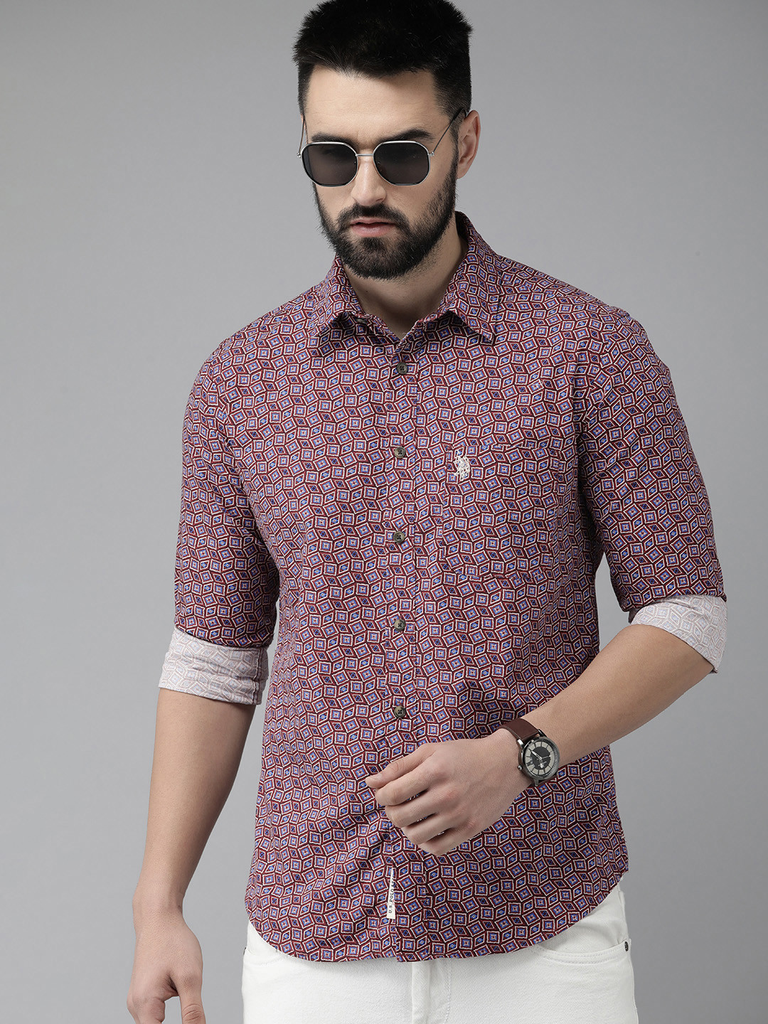 

U.S. Polo Assn. Denim Co. Slim Fit Printed Pure Cotton Casual Shirt, Maroon