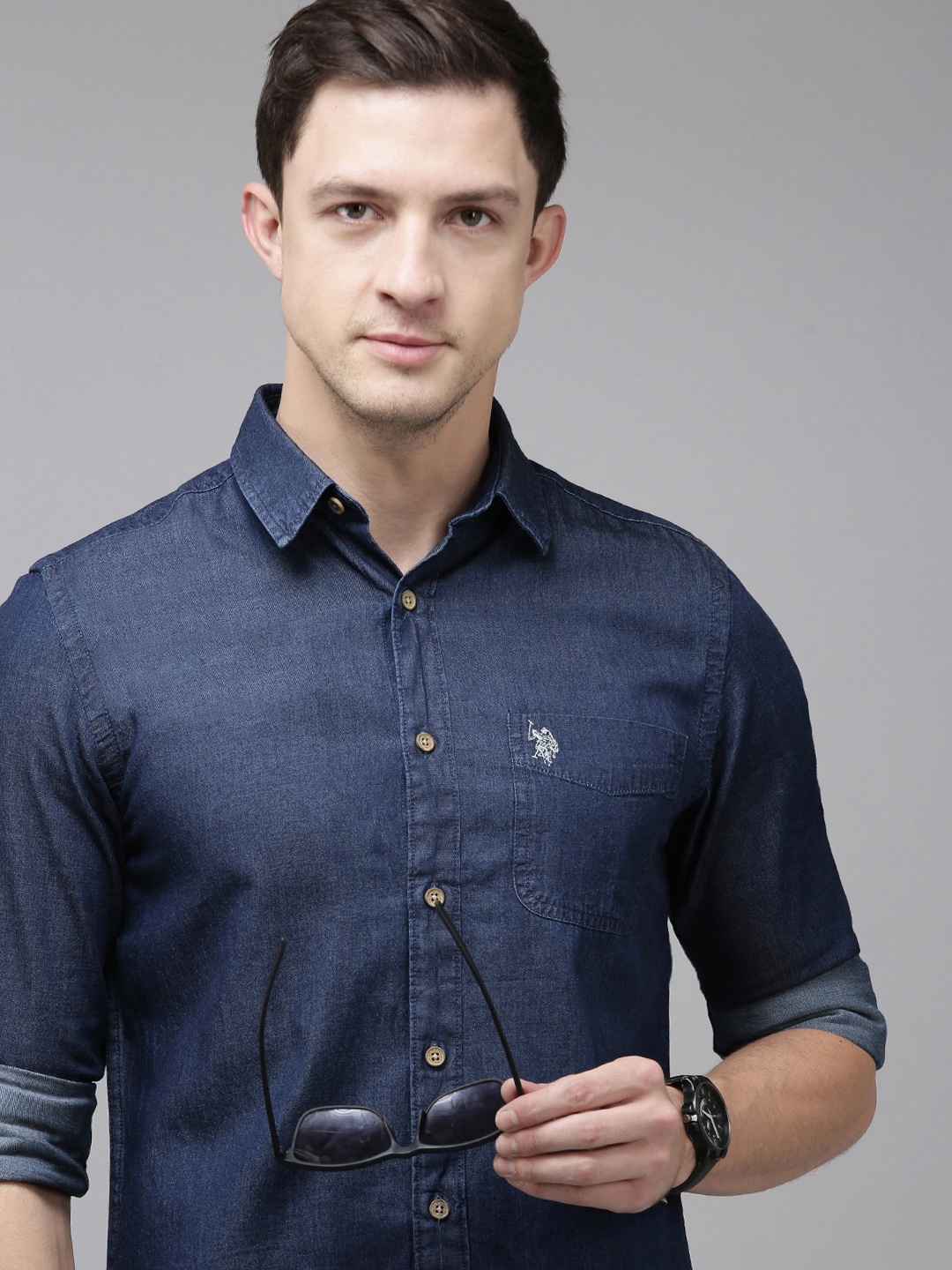

U.S. Polo Assn. Denim Co. Pure Cotton Chambray Slim Fit Casual Shirt, Navy blue