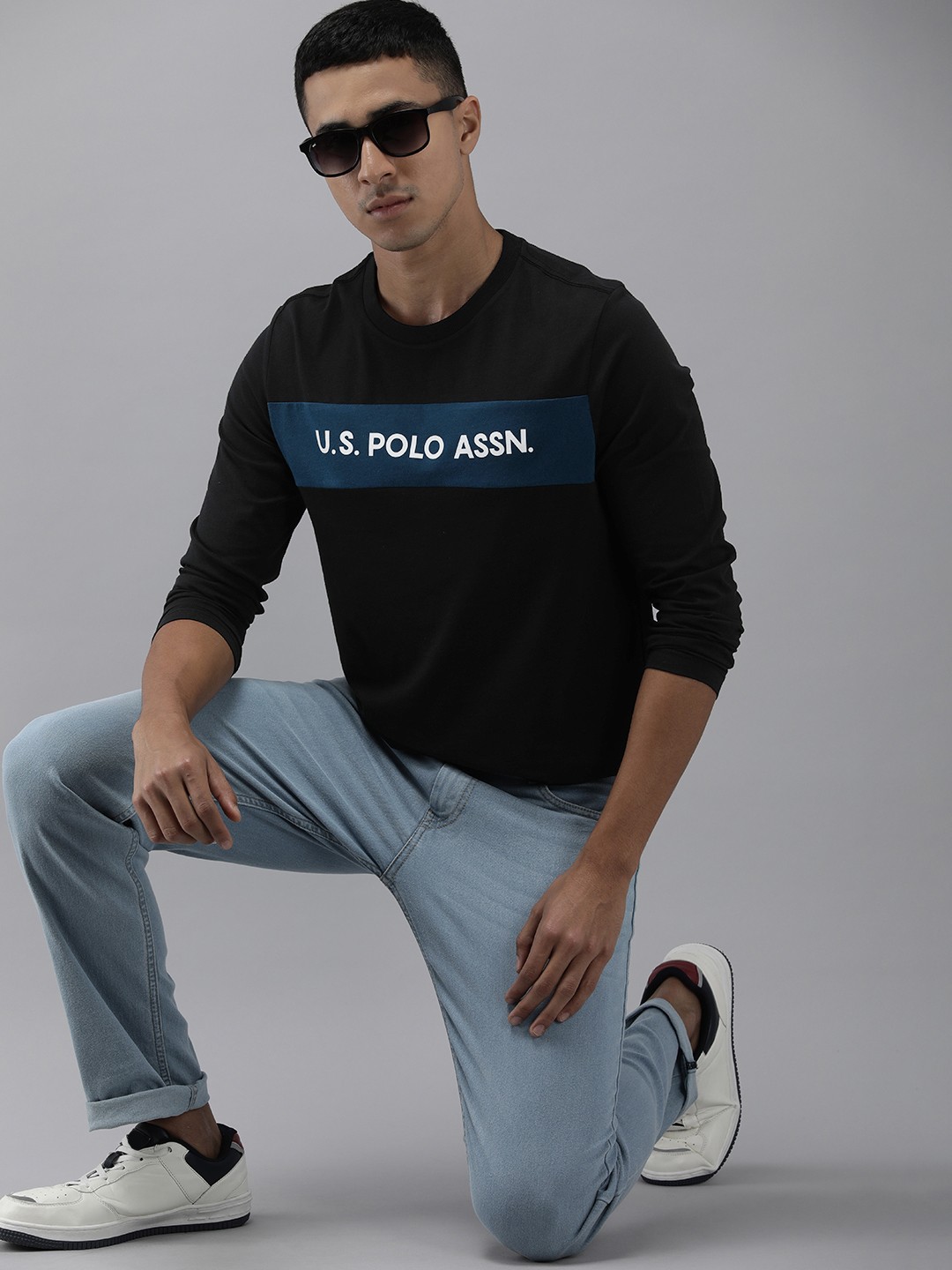 

U.S. Polo Assn. Denim Co. Brand Logo & Colourblocked Pure Cotton T-shirt, Black