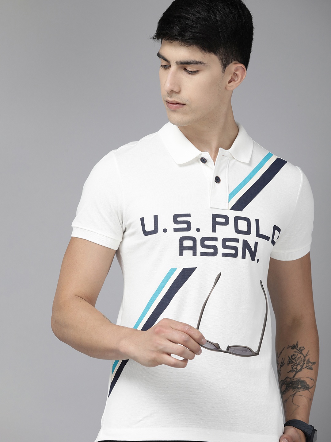 

U.S. Polo Assn. Denim Co. Brand Logo Printed Polo Collar Pure Cotton T-shirt, White