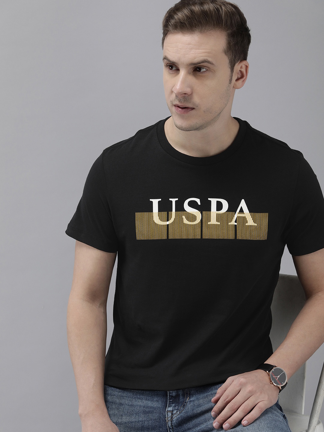 

U.S. Polo Assn. Denim Co. Brand Logo Graphic Printed Pure Cotton T-shirt, Black