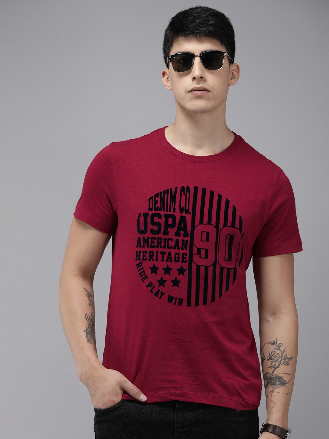 

U.S. Polo Assn. Denim Co. Brand Logo Graphic Printed Pure Cotton T-shirt, Red