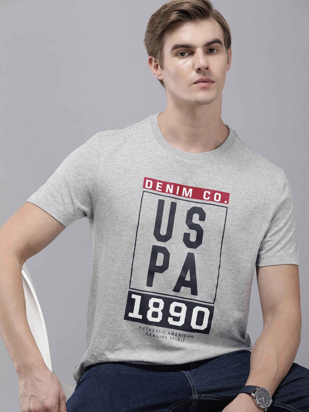 

U.S. Polo Assn. Denim Co. Brand Logo Printed T-shirt, Grey melange