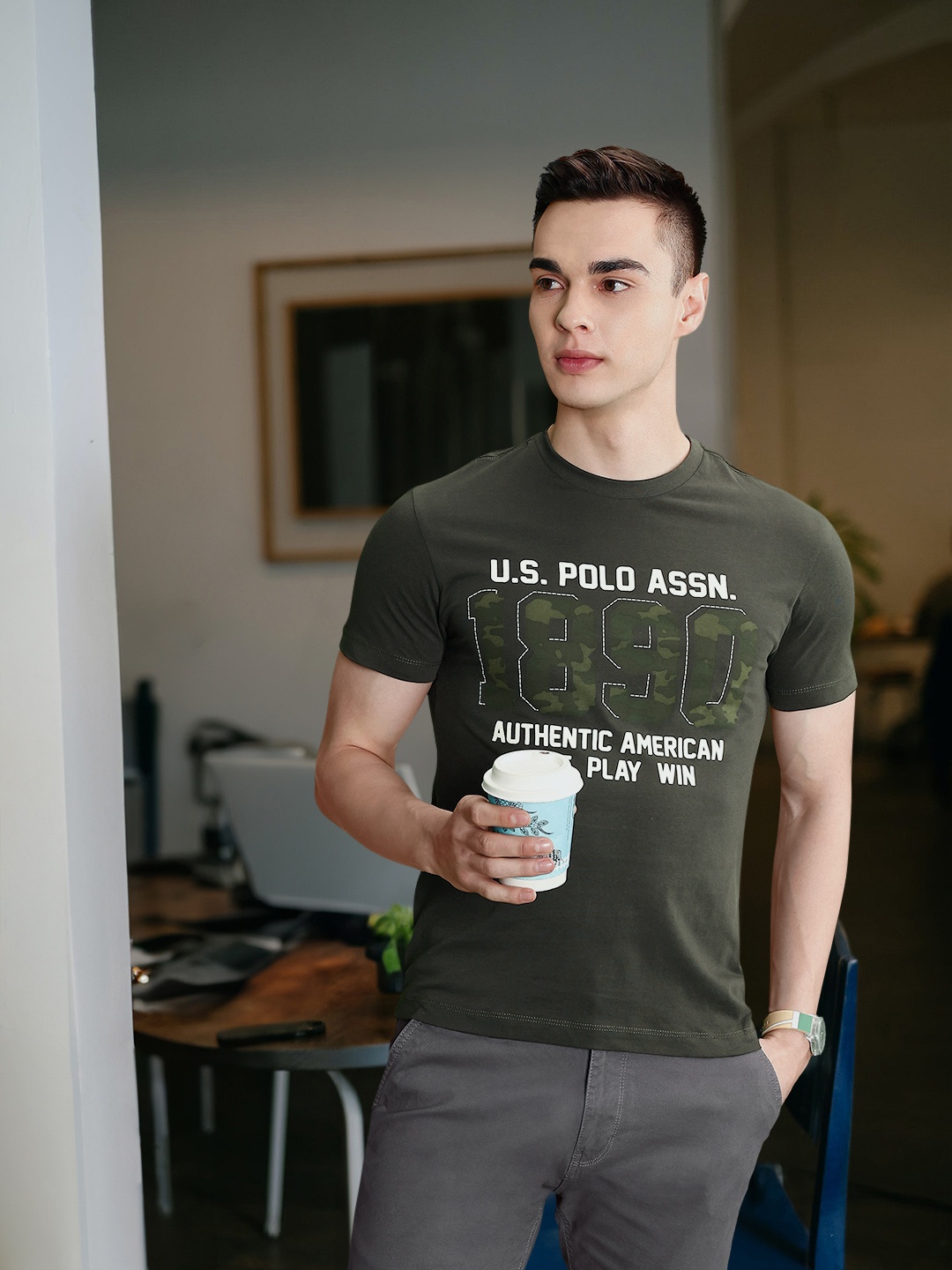 

U.S. Polo Assn. Denim Co. Brand Logo Printed Pure Cotton T-shirt, Olive