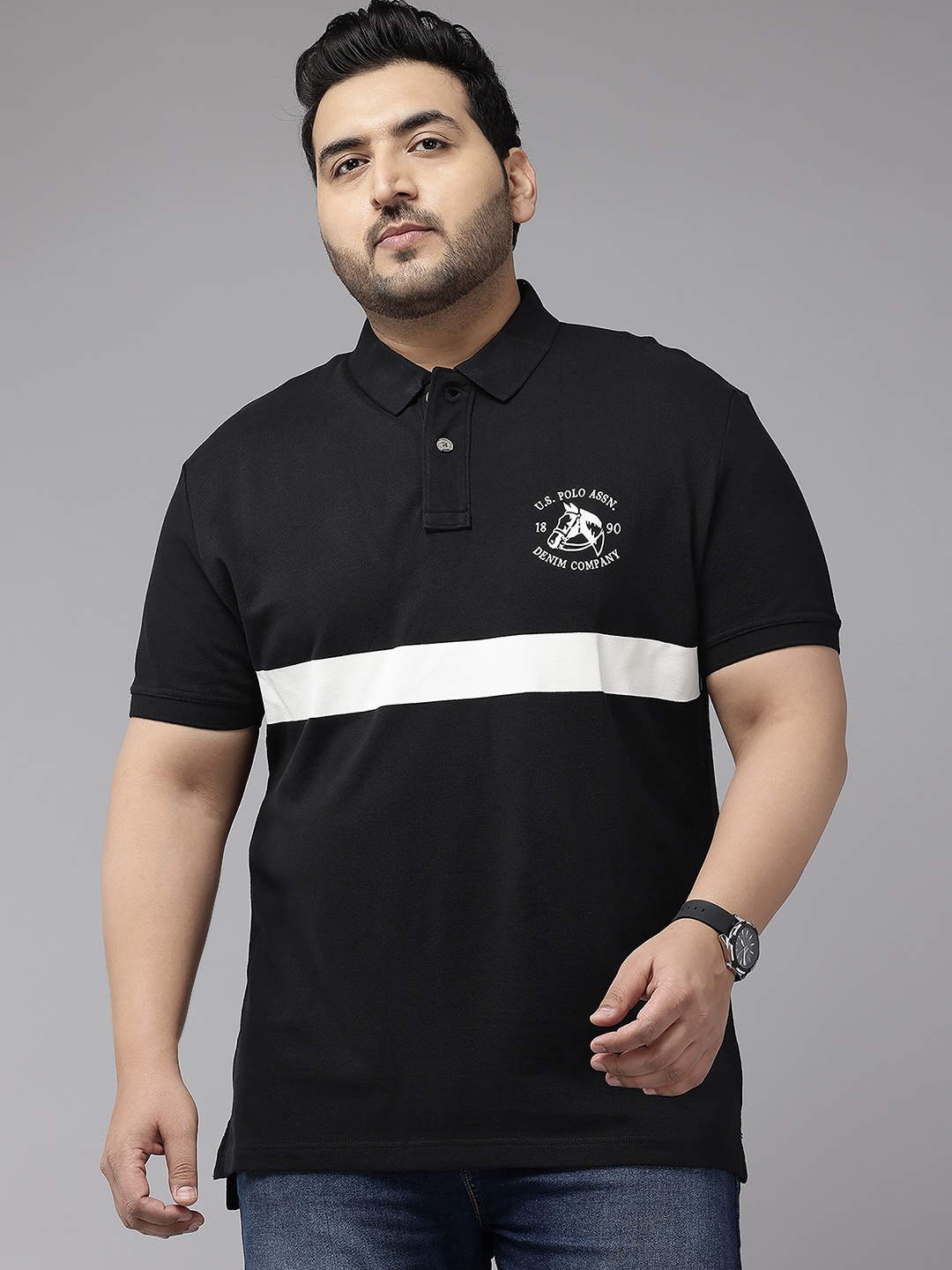 

U.S. Polo Assn. Denim Co. Plus Size Contrast Paneling Pure Cotton Polo T-shirt, Black