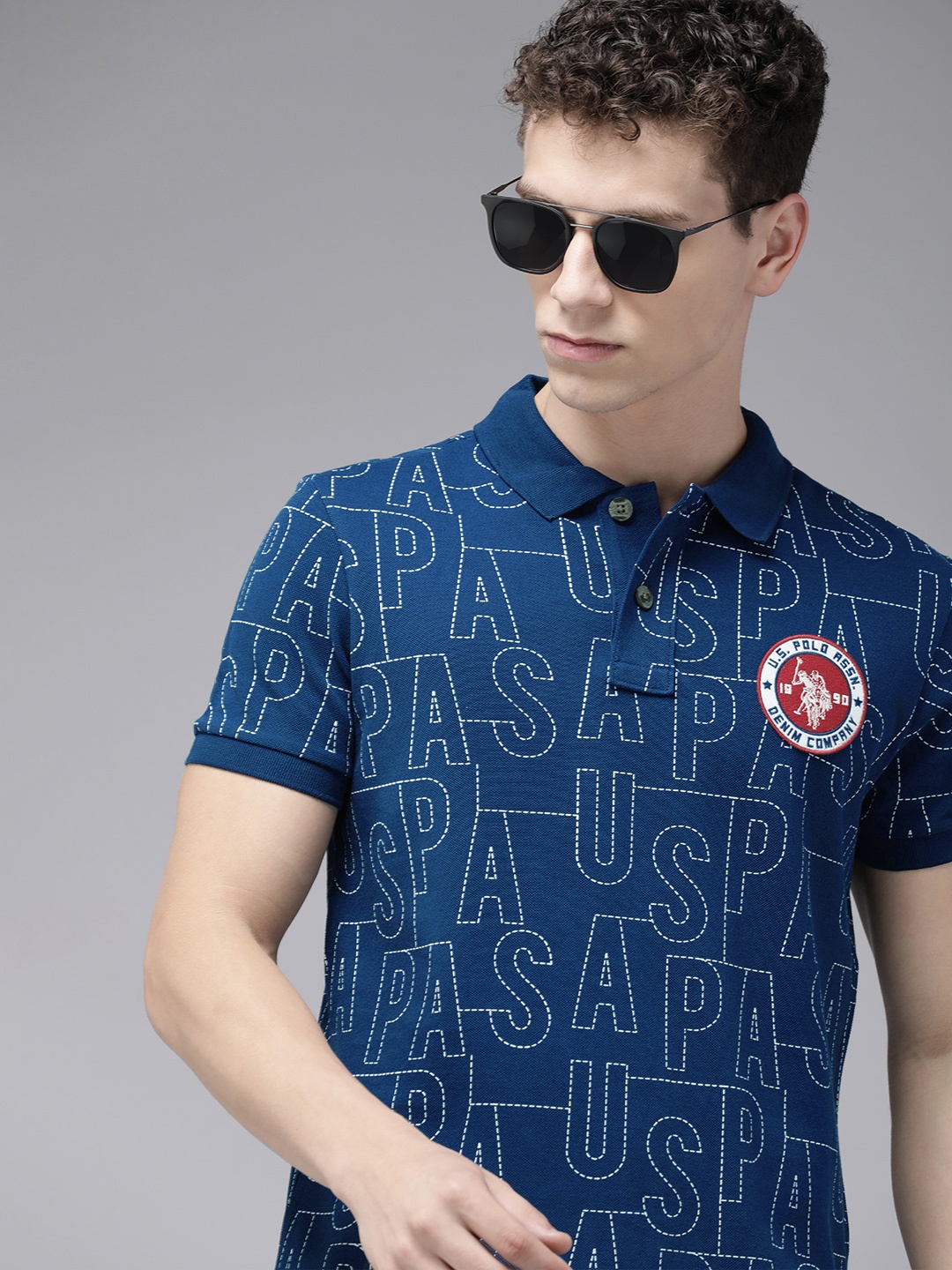 

U.S. Polo Assn. Denim Co. Brand Logo Printed Polo Collar Applique Pure Cotton T-shirt, Navy blue