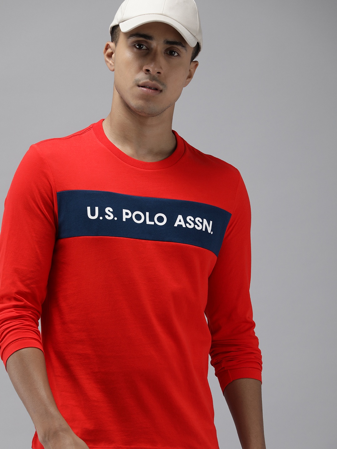 

U.S. Polo Assn. Denim Co. Brand Logo & Colourblocked Pure Cotton T-shirt, Red