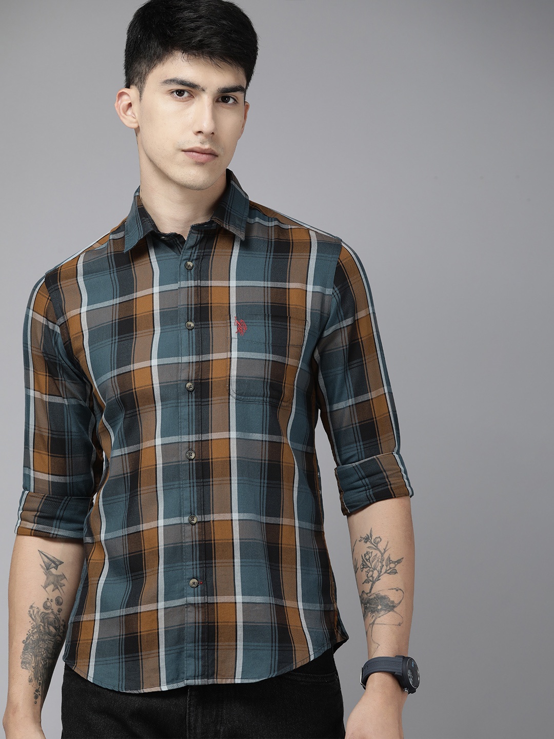 

U.S. Polo Assn. Denim Co. Slim Fit Checked Pure Cotton Casual Shirt, Navy blue