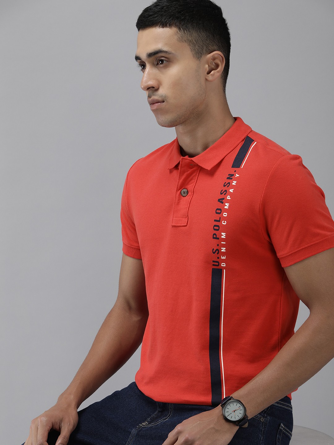 

U.S. Polo Assn. Denim Co. Brand Logo Printed Polo Collar Pure Cotton T-shirt, Red