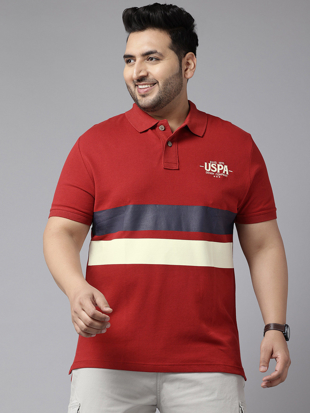 

U.S. Polo Assn. Denim Co. Plus Size Striped Pure Cotton Polo T-shirt, Maroon