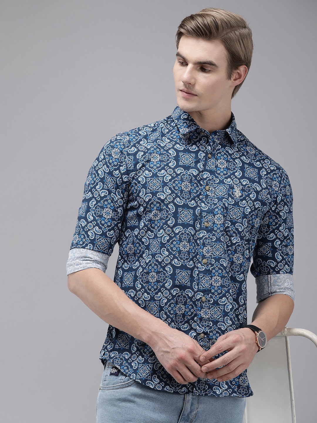 

U.S. Polo Assn. Denim Co. Ethnic Motifs Printed Pure Cotton Casual Shirt, Navy blue