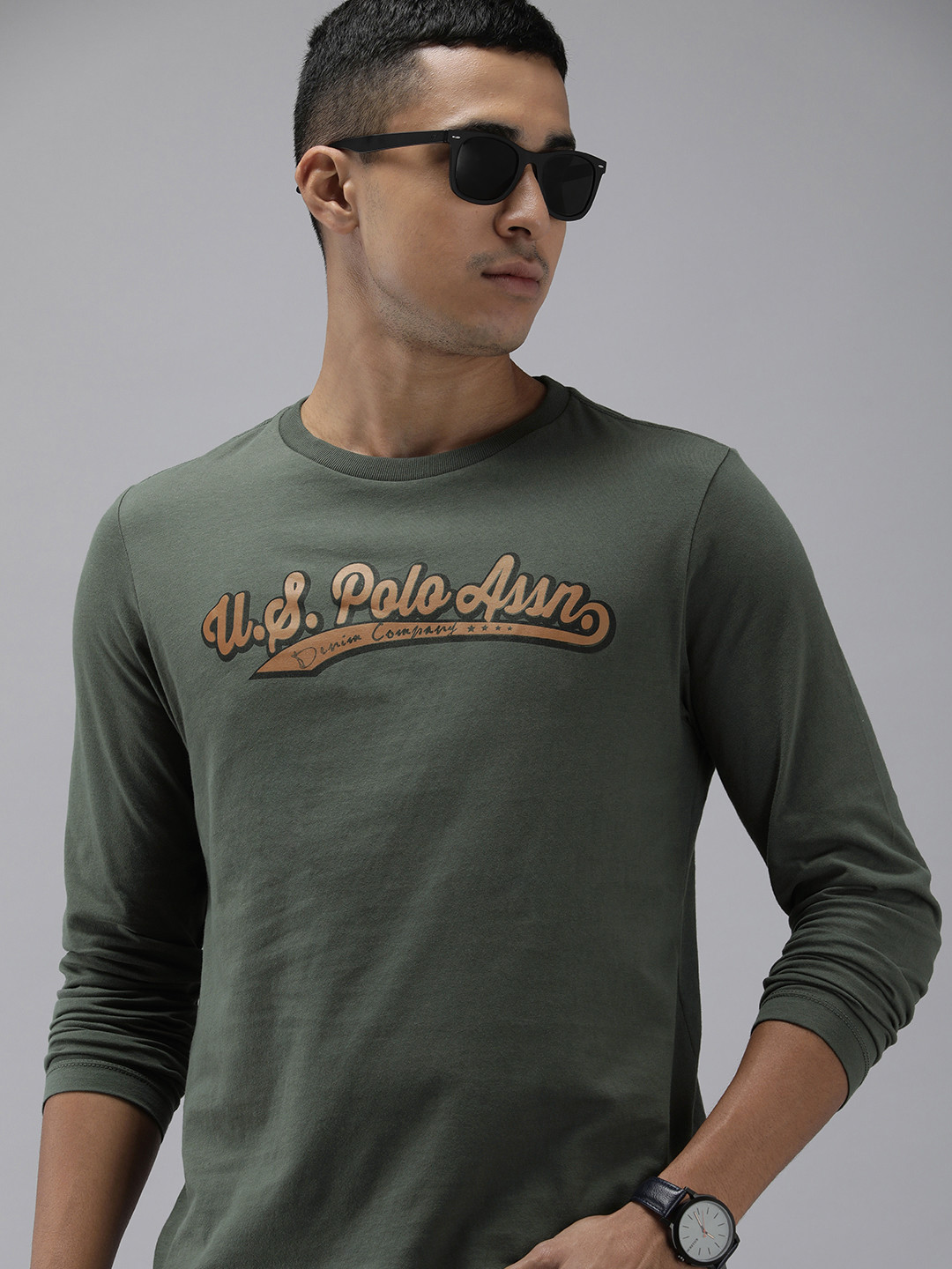 

U.S. Polo Assn. Denim Co. Brand Logo Graphic Printed Pure Cotton T-shirt, Olive
