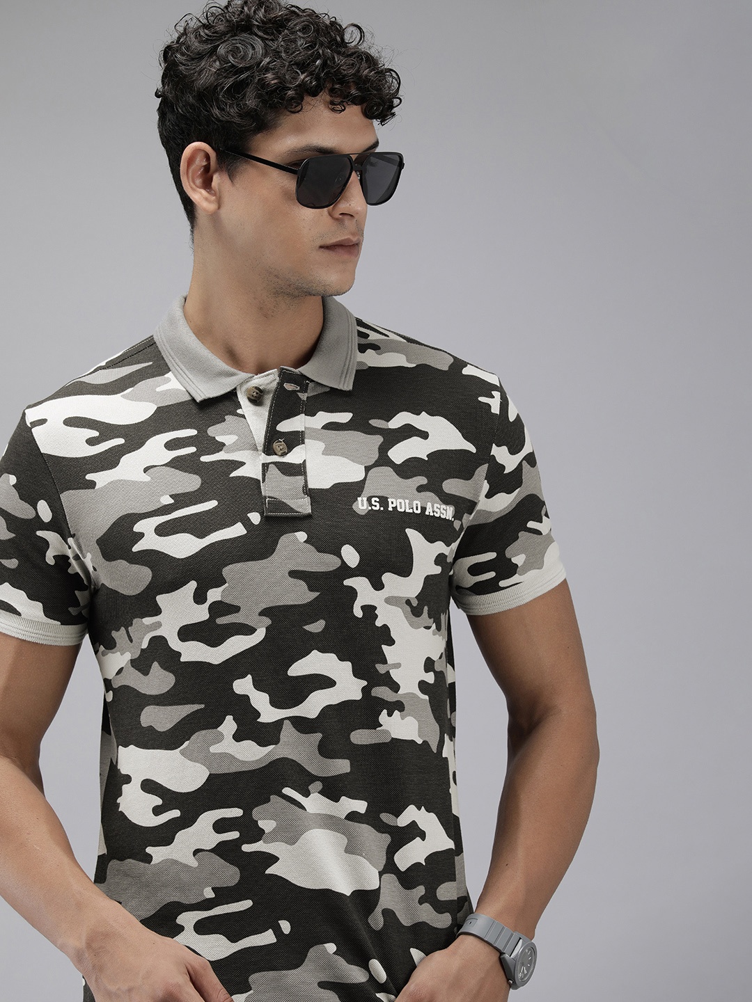 

U.S. Polo Assn. Denim Co. Camouflage Printed Polo Collar Pure Cotton T-shirt, Grey