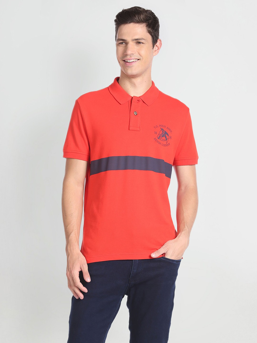 

U.S. Polo Assn. Denim Co. Brand Logo Printed Polo Collar Pure Cotton T-shirt, Red