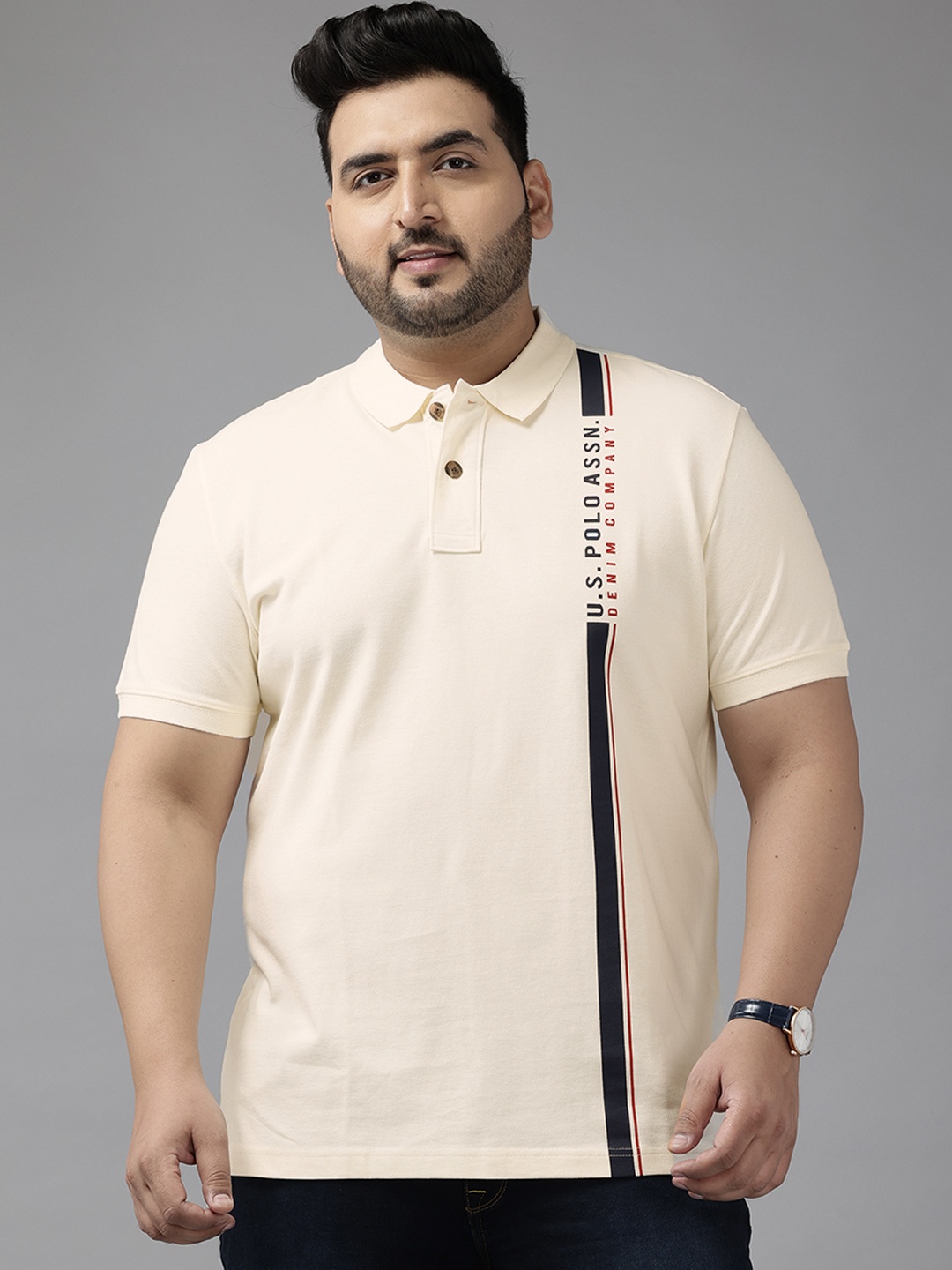 

U.S. Polo Assn. Denim Co. Striped Polo Collar Pure Cotton T-shirt, Cream