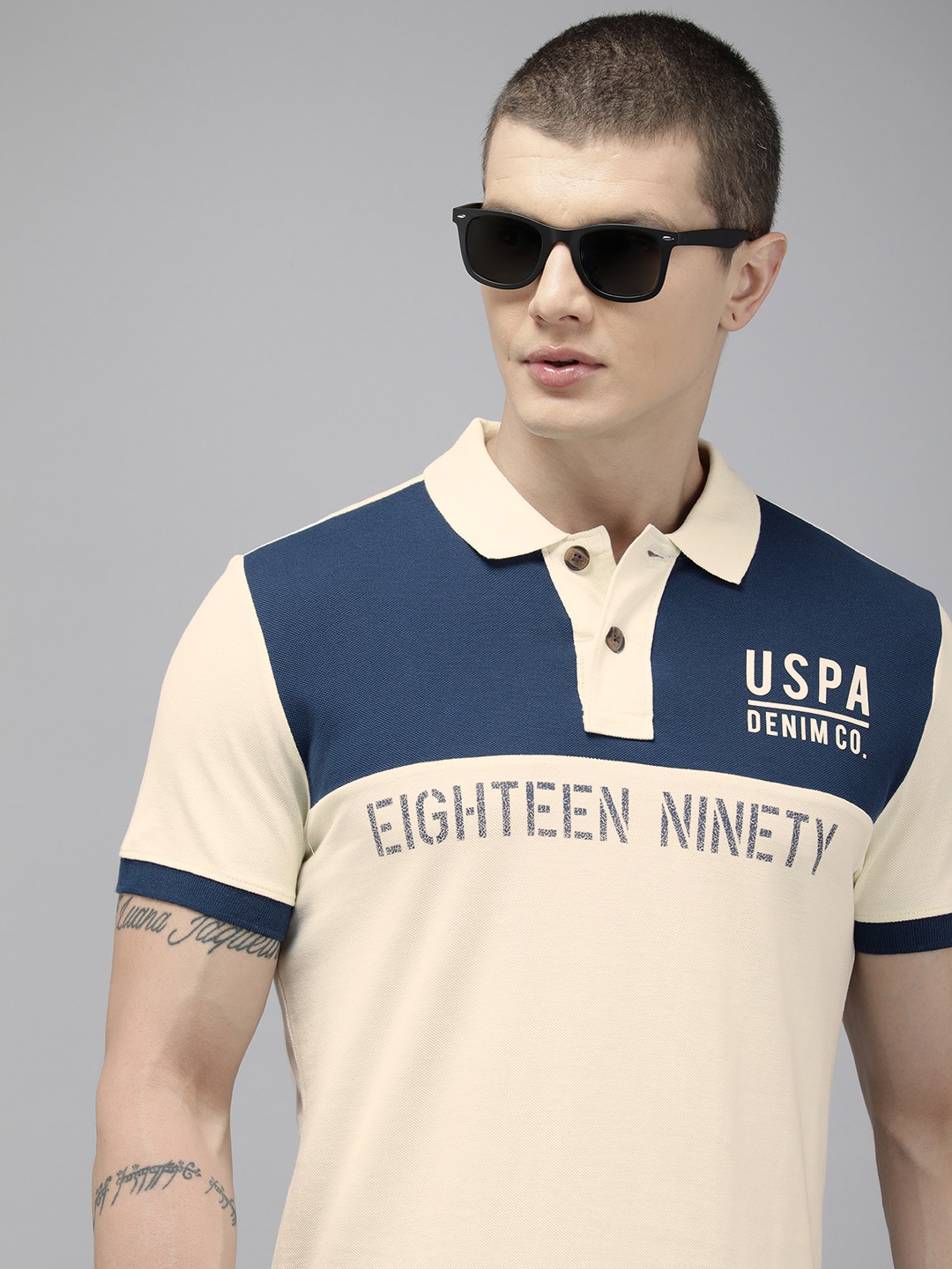 

U.S. Polo Assn. Denim Co. Pure Cotton Colourblocked Polo Collar Casual T-shirt, Off white