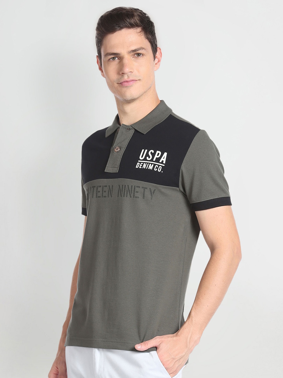 

U.S. Polo Assn. Denim Co. Brand Logo Printed Polo Collar Pure Cotton T-shirt, Olive