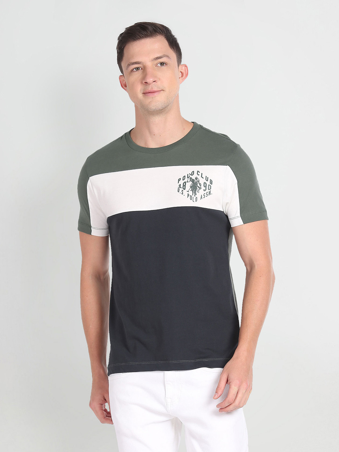 

U.S. Polo Assn. Denim Co. Colourblocked Pure Cotton T-shirt, Olive