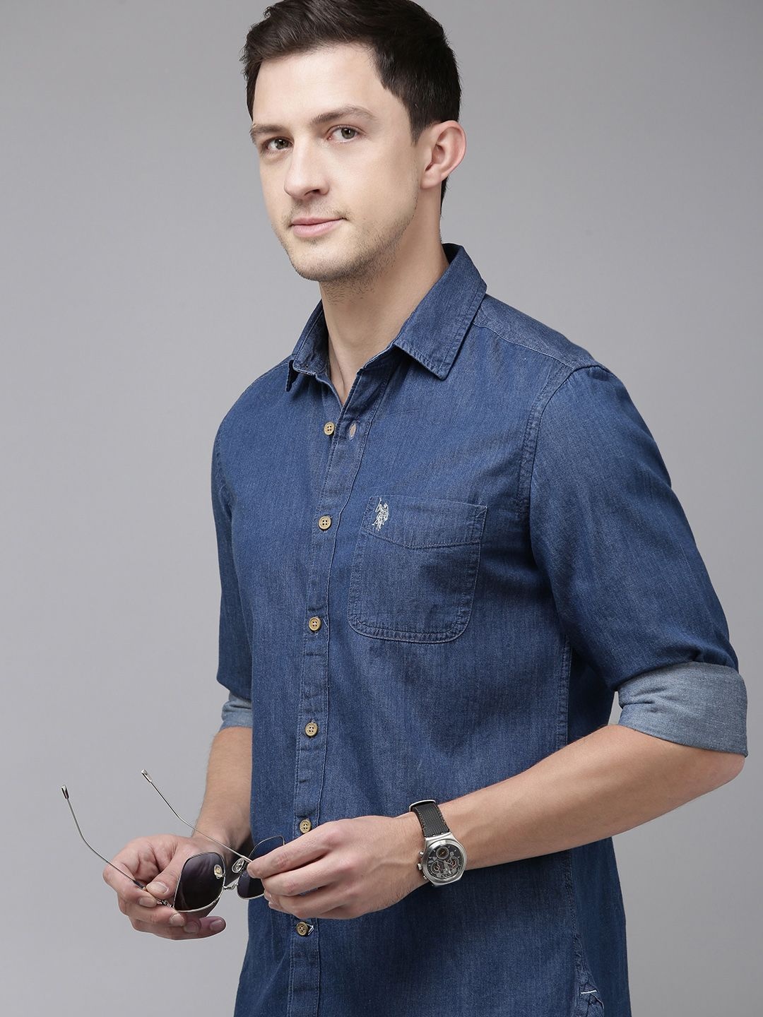 

U.S. Polo Assn. Denim Co. Pure Cotton Chambray Slim Fit Opaque Casual Shirt, Blue