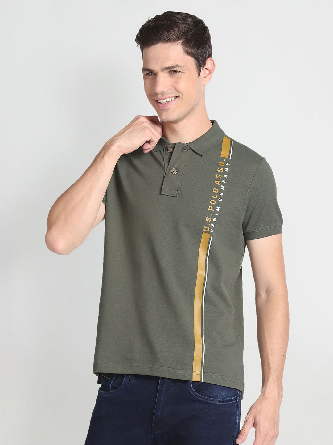 

U.S. Polo Assn. Denim Co. Brand Logo Printed Polo Collar Pure Cotton Slim Fit T-shirt, Olive