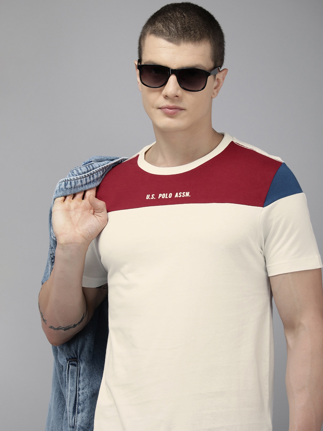

U.S. Polo Assn. Denim Co. Pure Cotton Colourblocked Casual T-shirt, White
