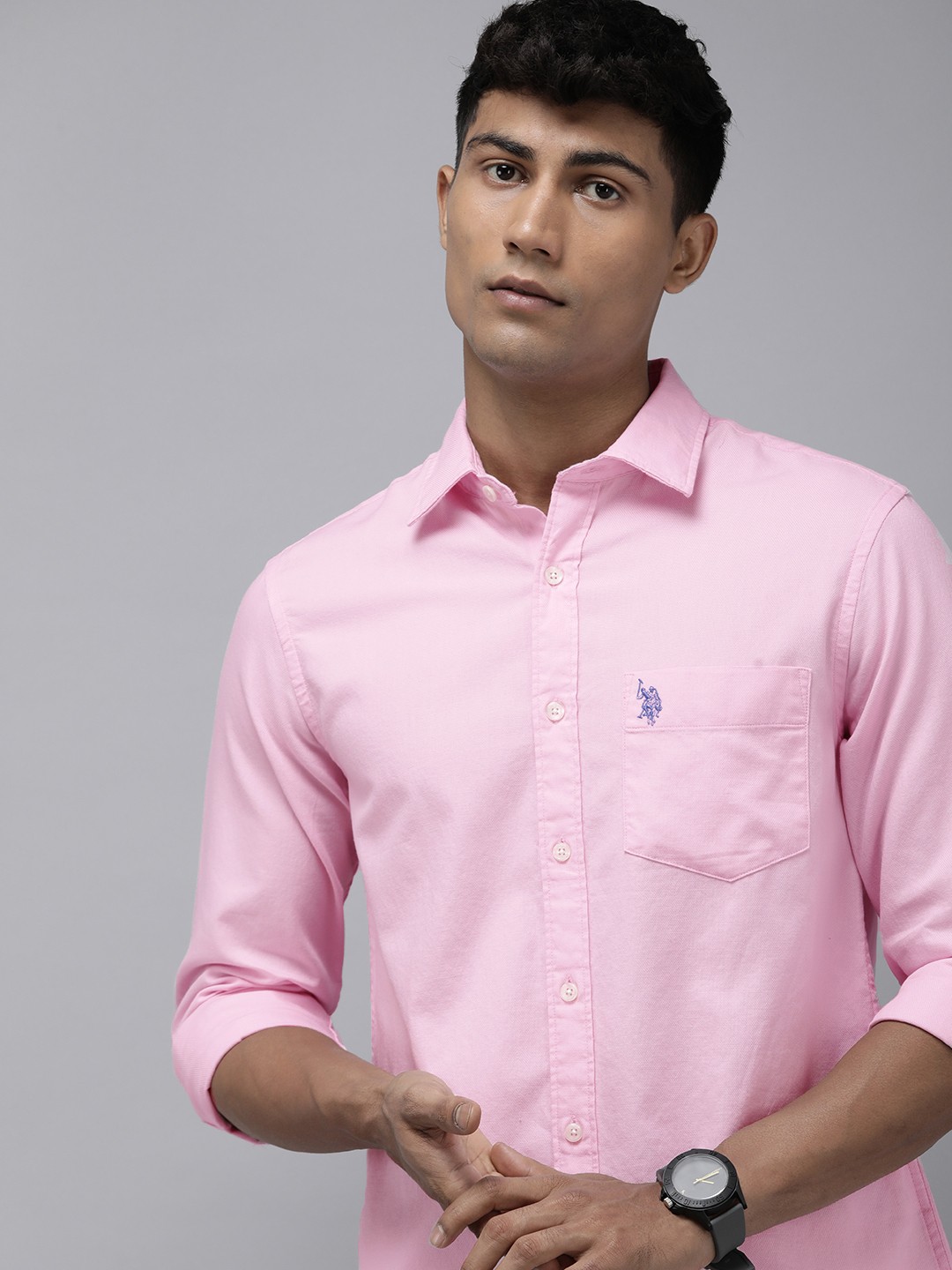 

U.S. Polo Assn. Pure Cotton Self Design Textured Tailored Fit Casual Shirt, Pink