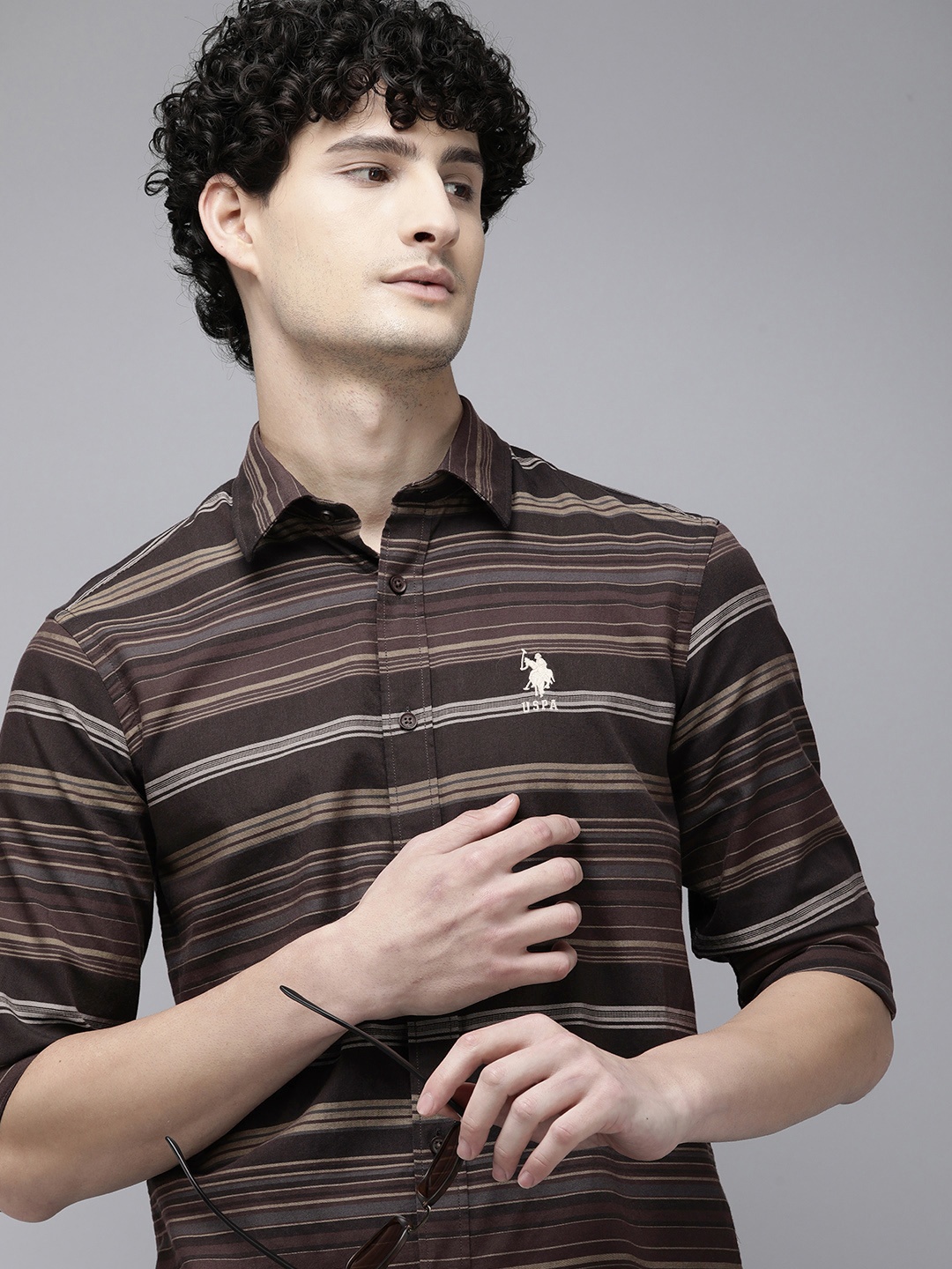 

U.S. Polo Assn. Tailored Fit Horizontal Stripes Pure Cotton Casual Shirt, Coffee brown