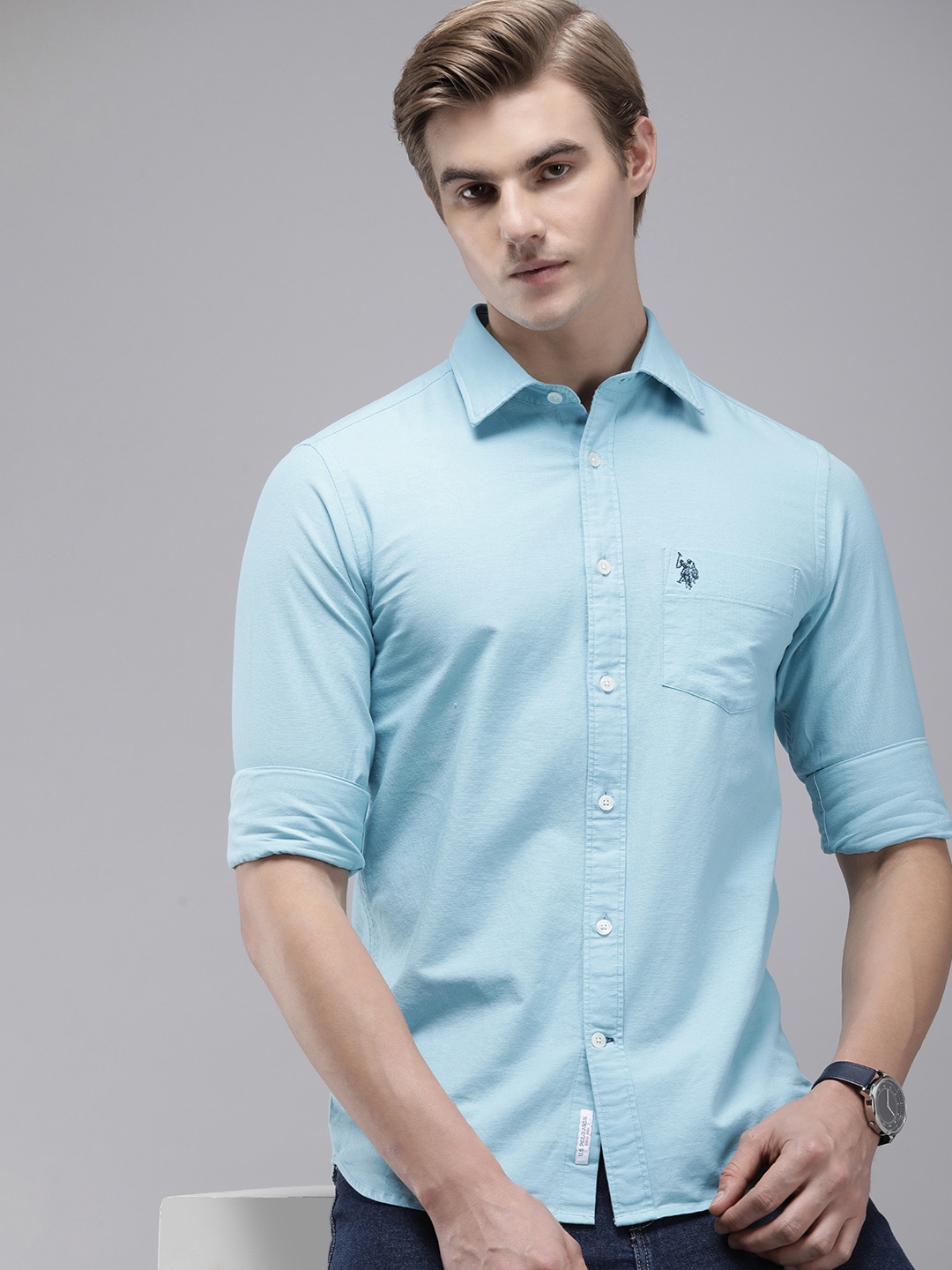 

U.S. Polo Assn. Pure Cotton Tailored Fit Solid Casual Shirt, Blue