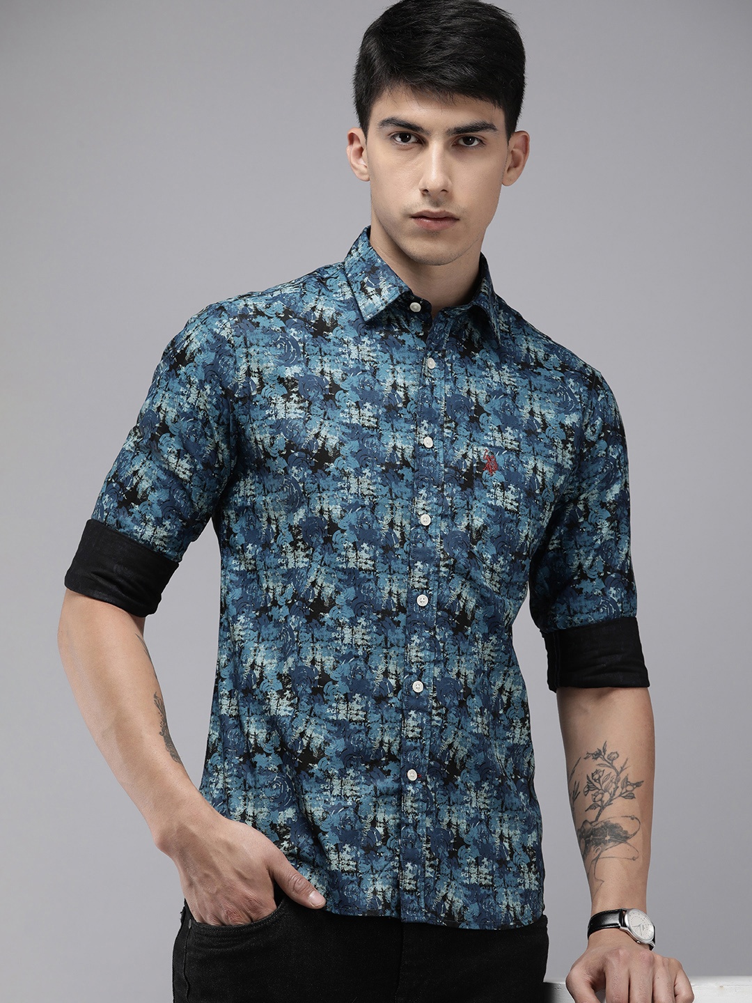 

U.S. Polo Assn. Tailored Fit Abstract Printed Pure Cotton Casual Shirt, Blue