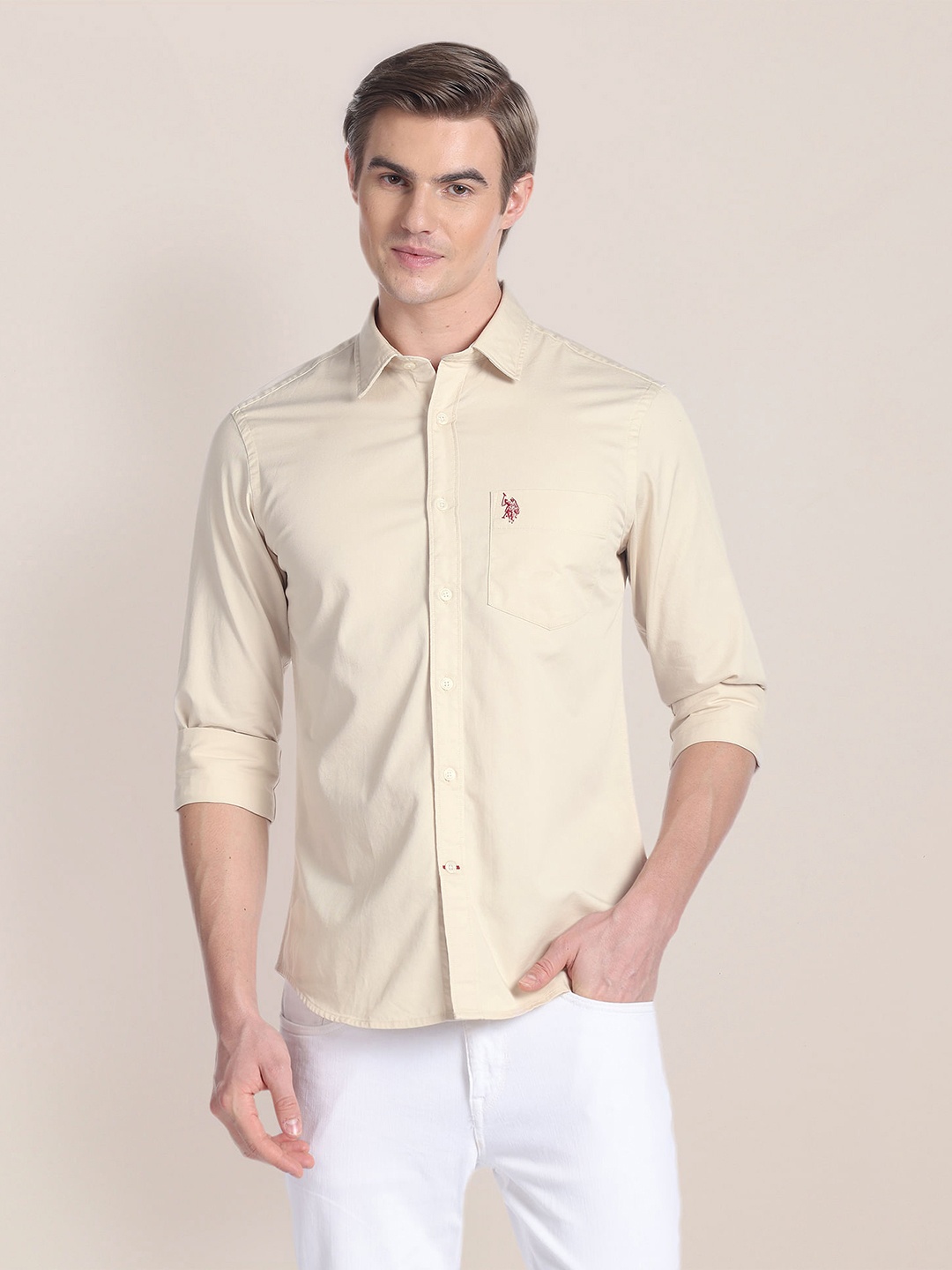 

U.S. Polo Assn. Pure Cotton Chest Pocket Detailed Semi-formal Tailored Fit Shirt, Beige