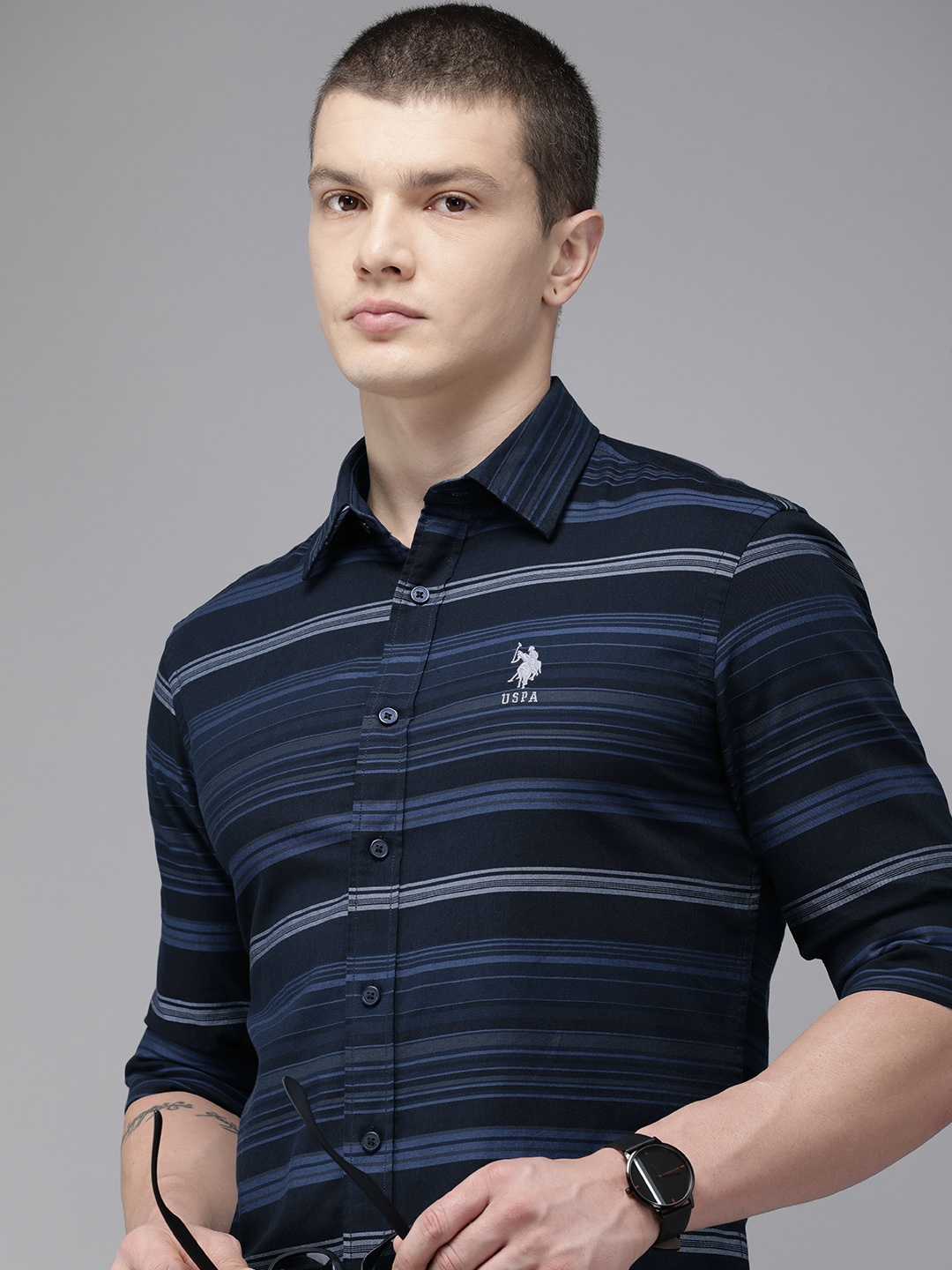 

U.S. Polo Assn. Pure Cotton Horizontal Striped Tailored Fit Casual Shirt, Navy blue