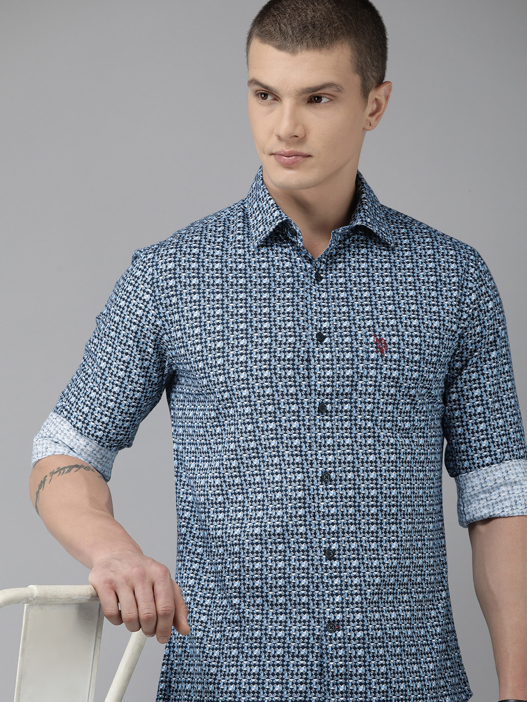 

U S Polo Assn Tailored Fit Geometric Printed Pure Cotton Casual Shirt, Navy blue