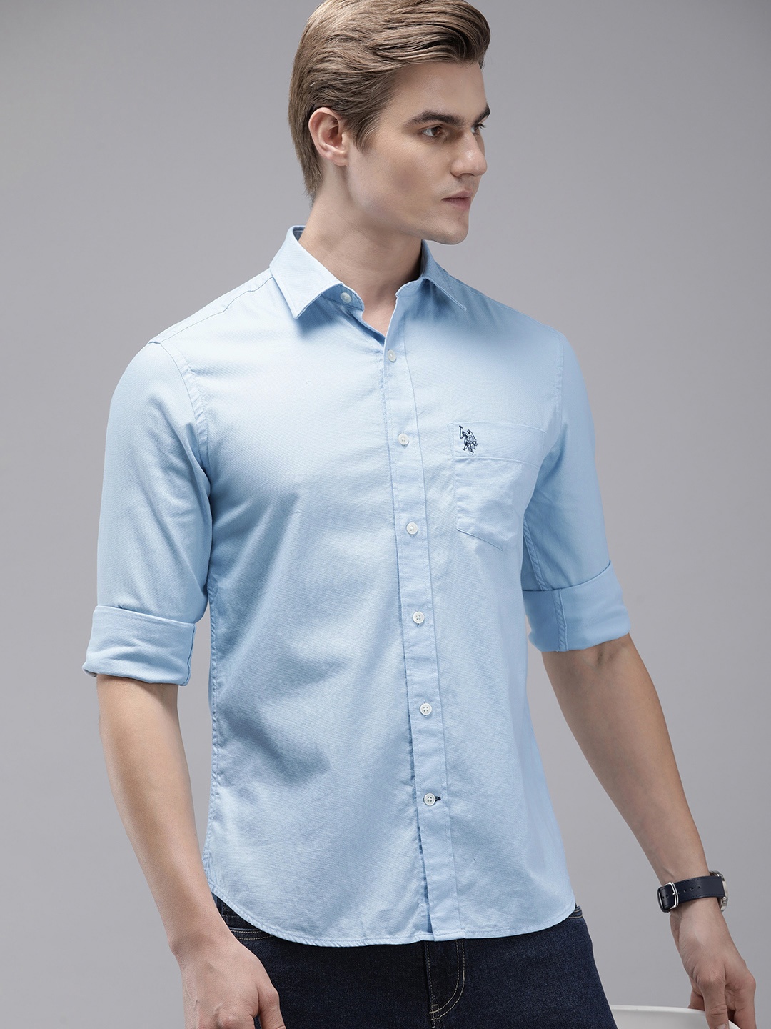 

U.S. Polo Assn. Pure Cotton Tailored Fit Self Design Textured Casual Shirt, Blue