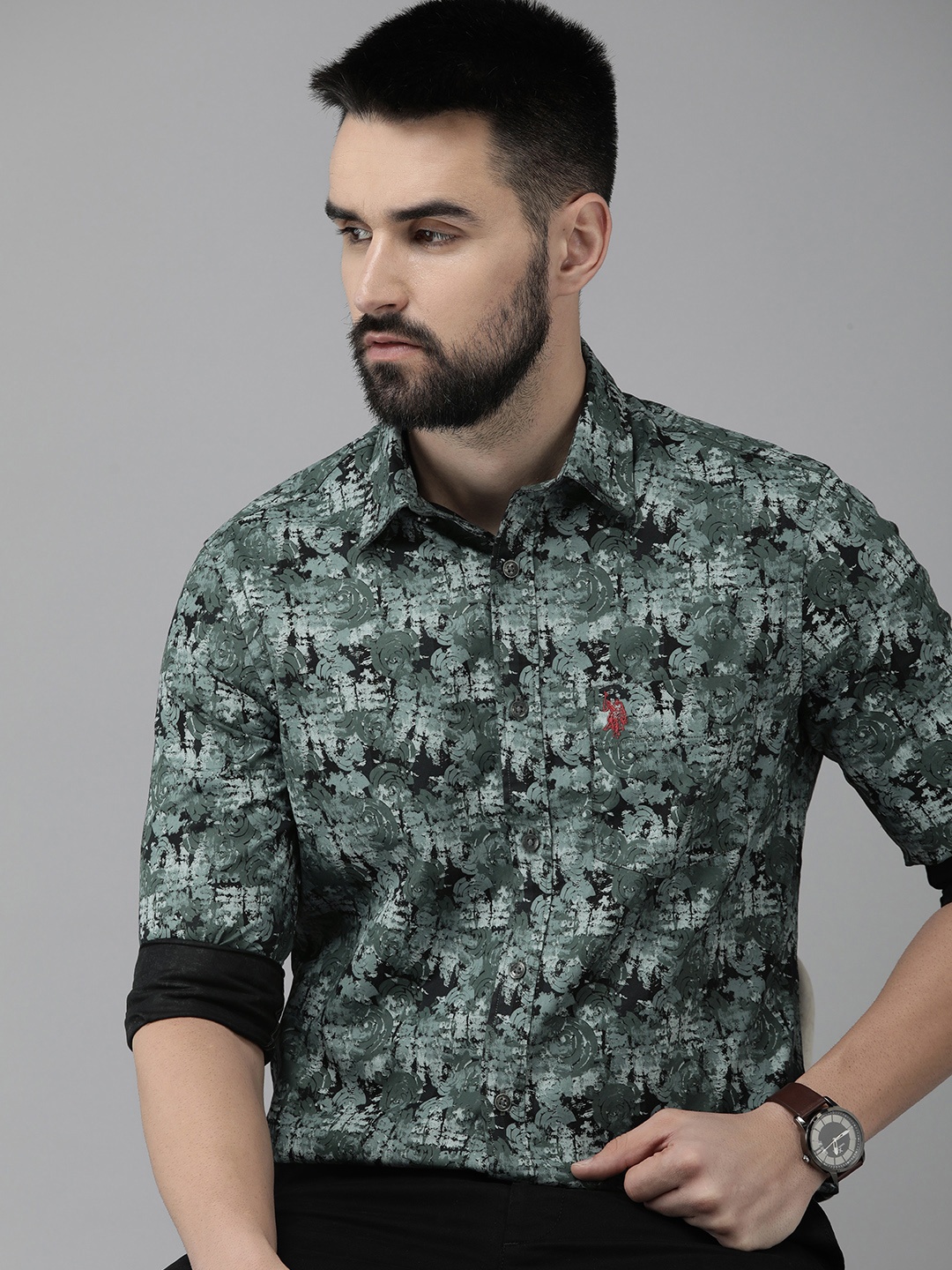 

U S Polo Assn Tailored Fit Printed Pure Cotton Casual Shirt, Teal