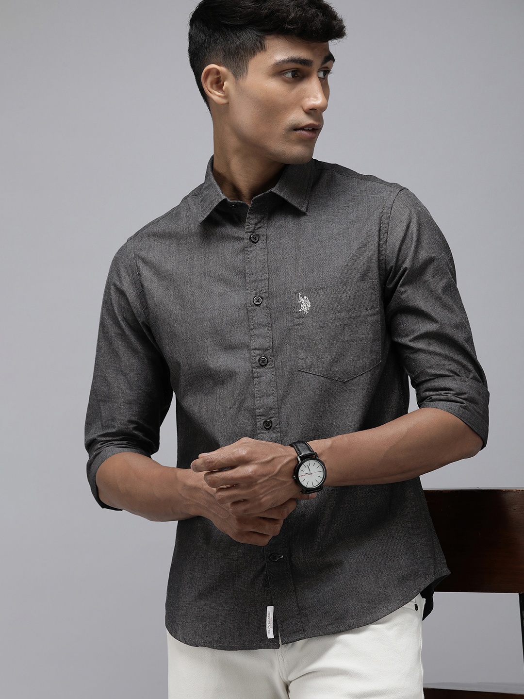 

U.S. Polo Assn. Self Design Tailored Fit Pure Cotton Casual Shirt, Charcoal