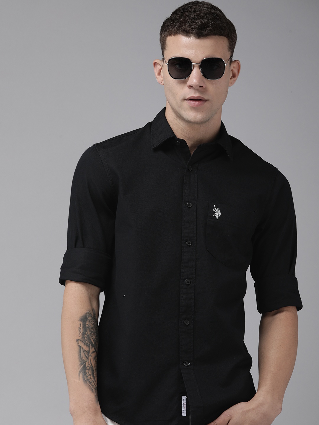 

U.S. Polo Assn. Pure Cotton Solid Spread Collar Tailored Fit Casual Shirt, Black