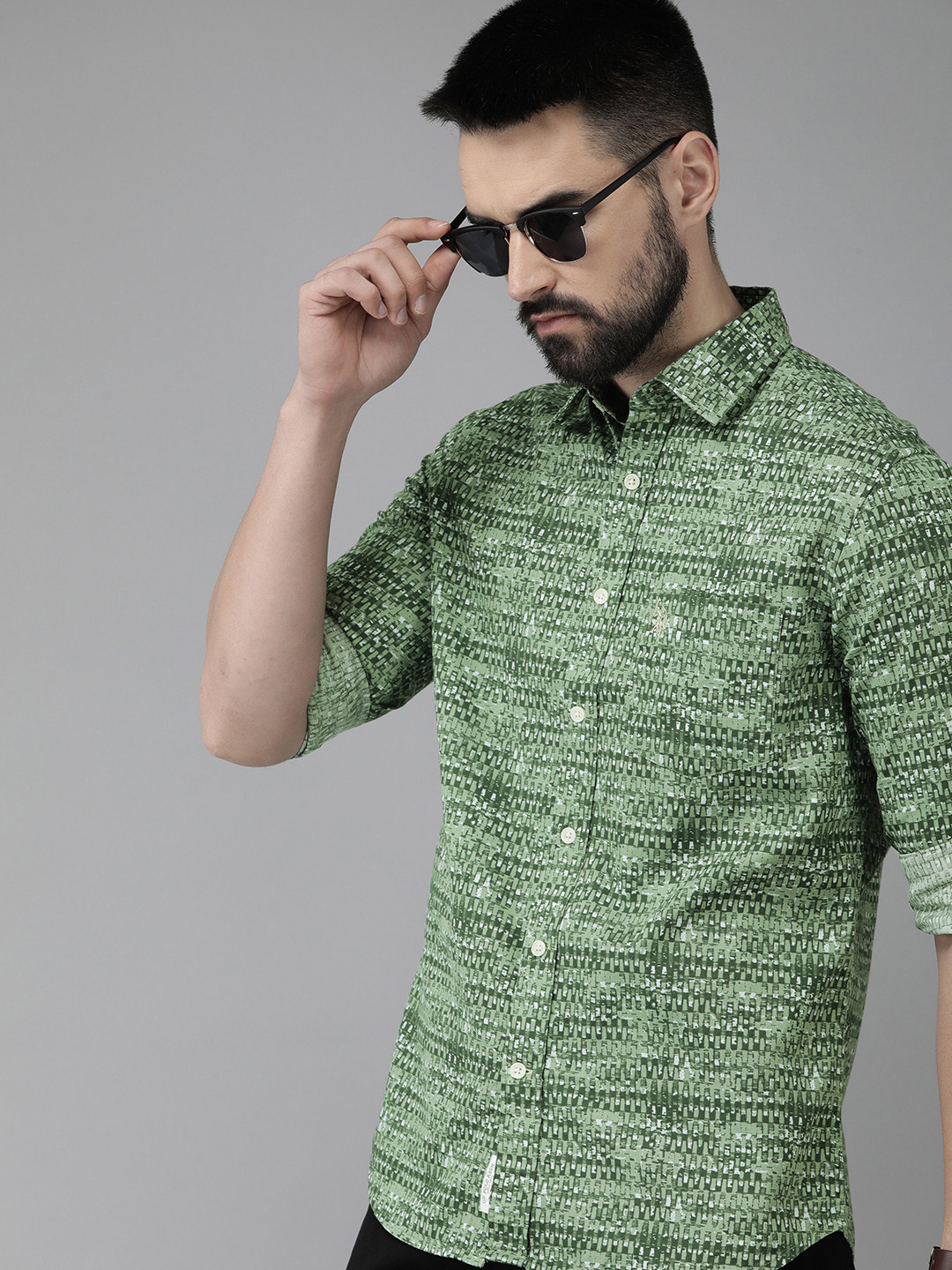 

U S Polo Assn Tailored Fit Geometric Printed Pure Cotton Casual Shirt, Green
