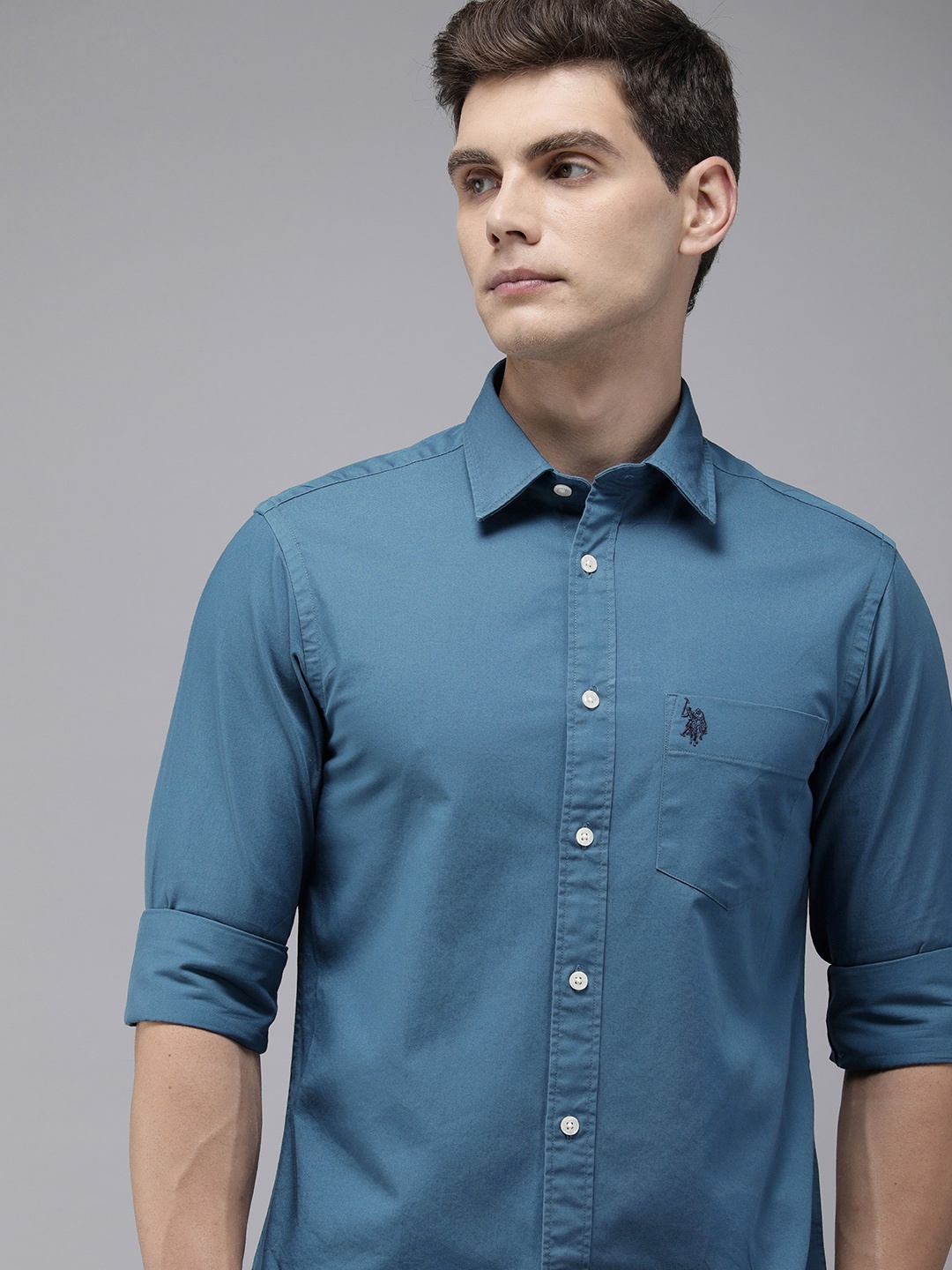 

U.S. Polo Assn. Solid Tailored Fit Pure Cotton Casual Shirt, Teal