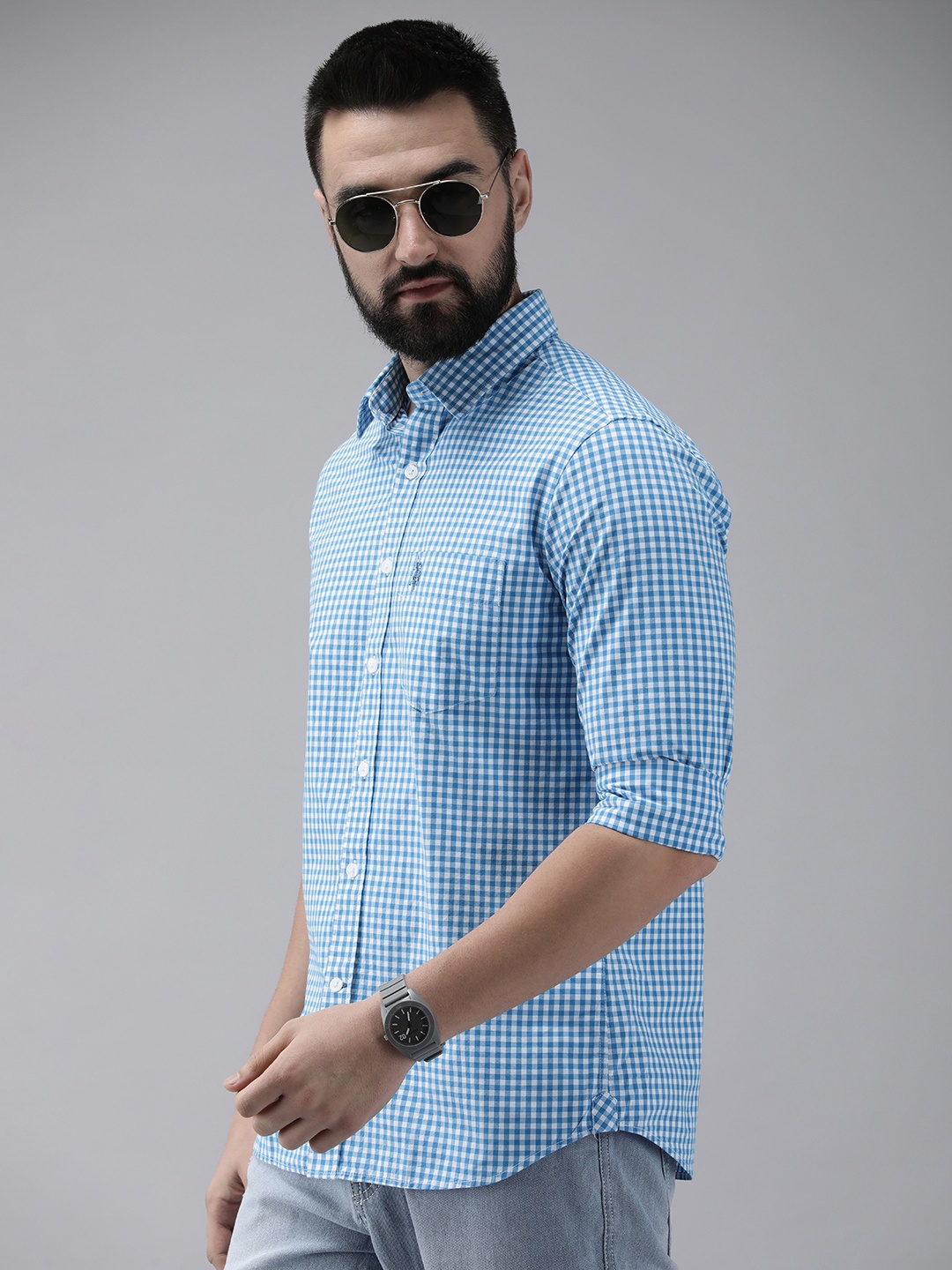 

U.S. Polo Assn. Tailored Fit Checked Pure Cotton Casual Shirt, Blue